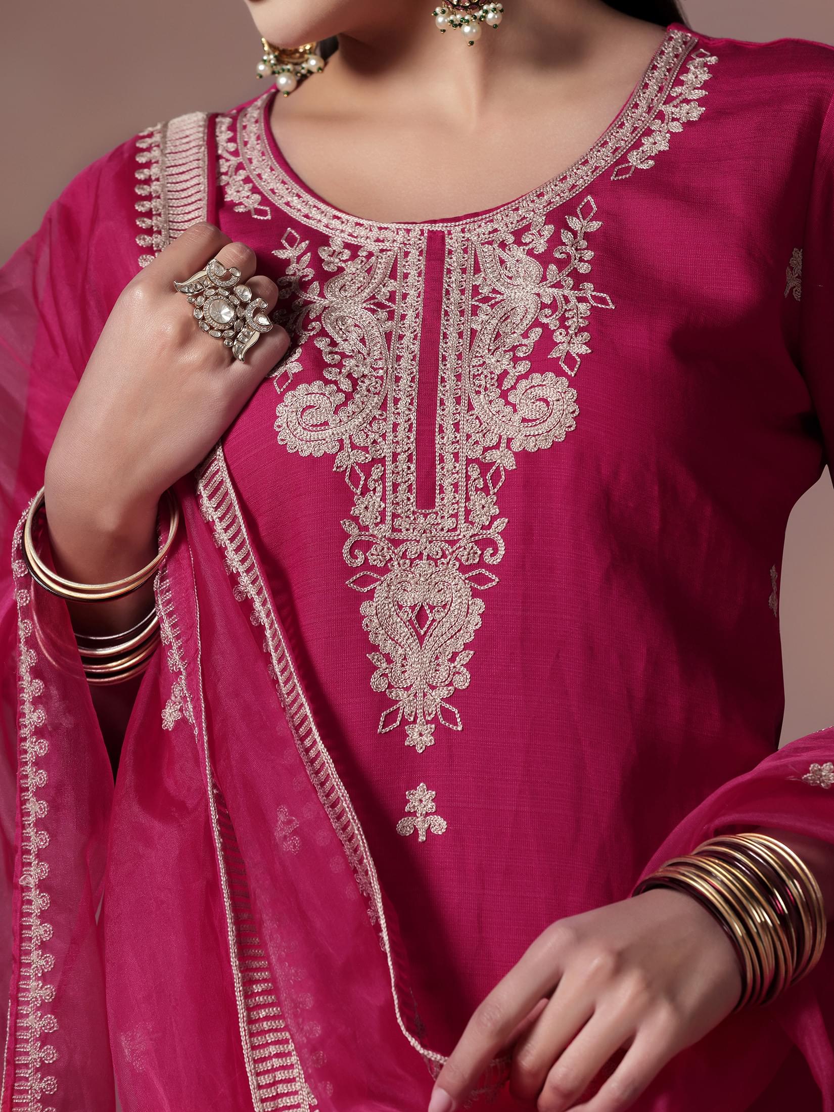 Women Poly Viscose Pink Embroidered Kurta Comfort Pant Dupatta.