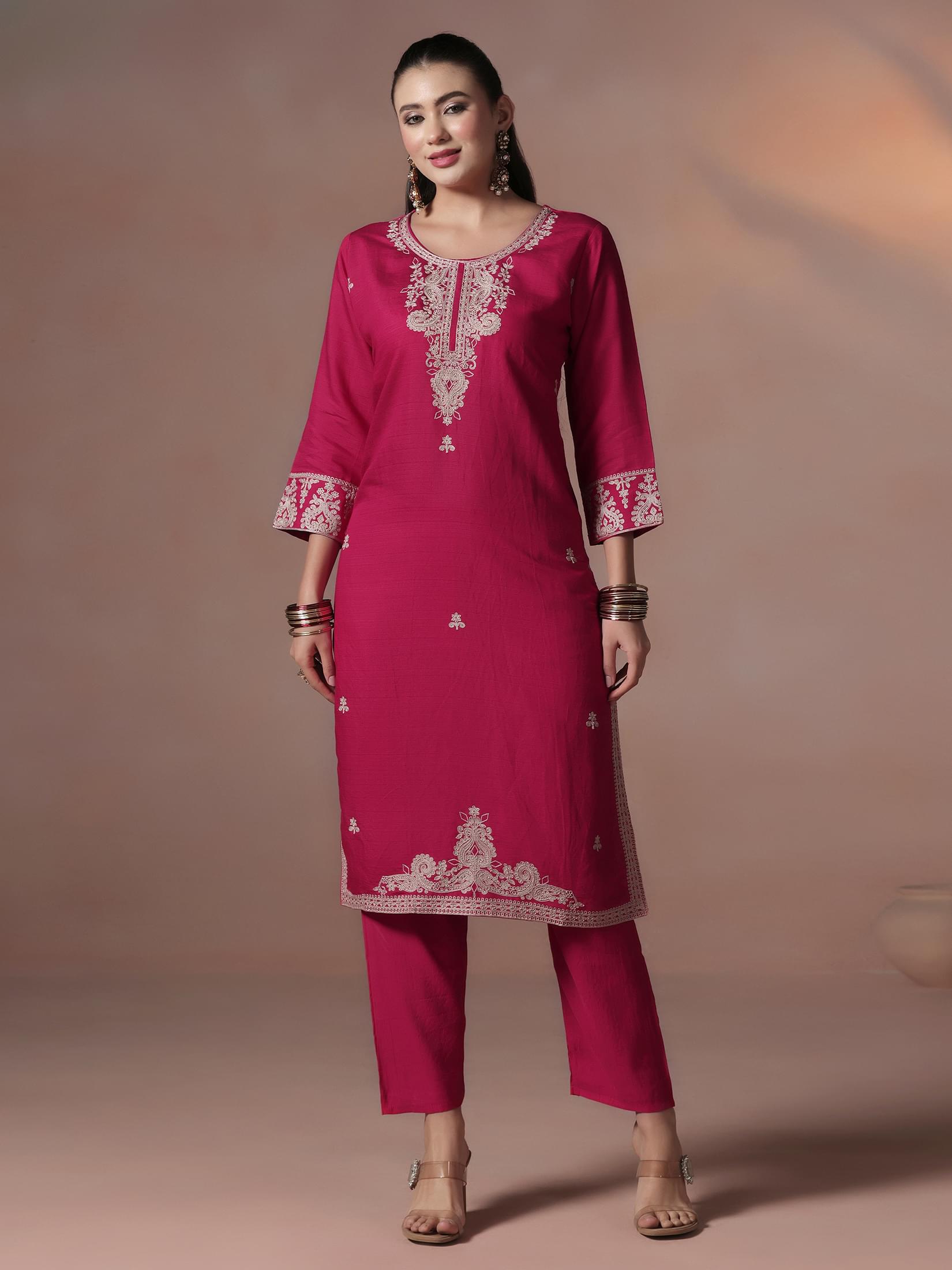 Women Poly Viscose Pink Embroidered Kurta Comfort Pant Dupatta.