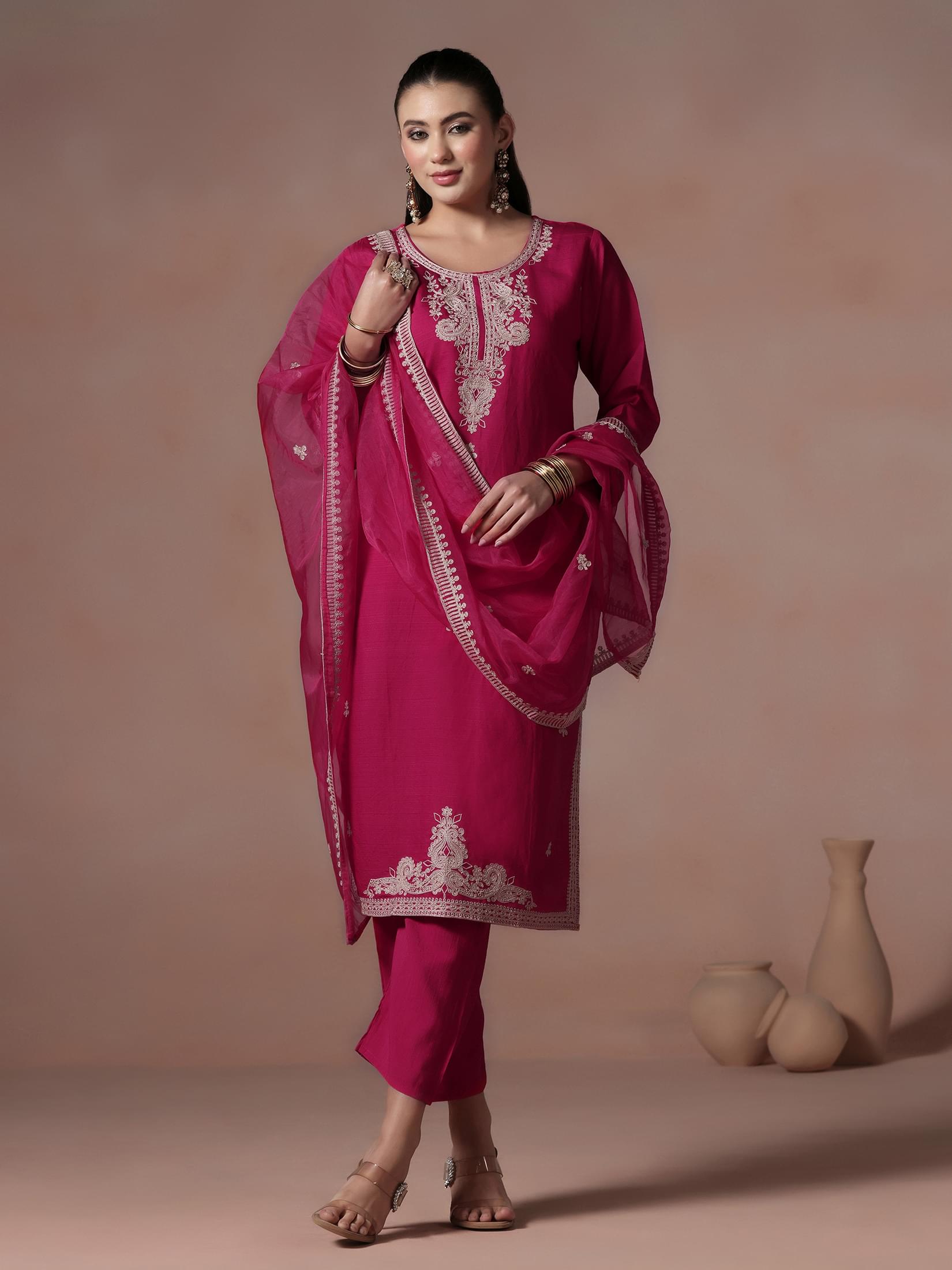 Women Poly Viscose Pink Embroidered Kurta Comfort Pant Dupatta.