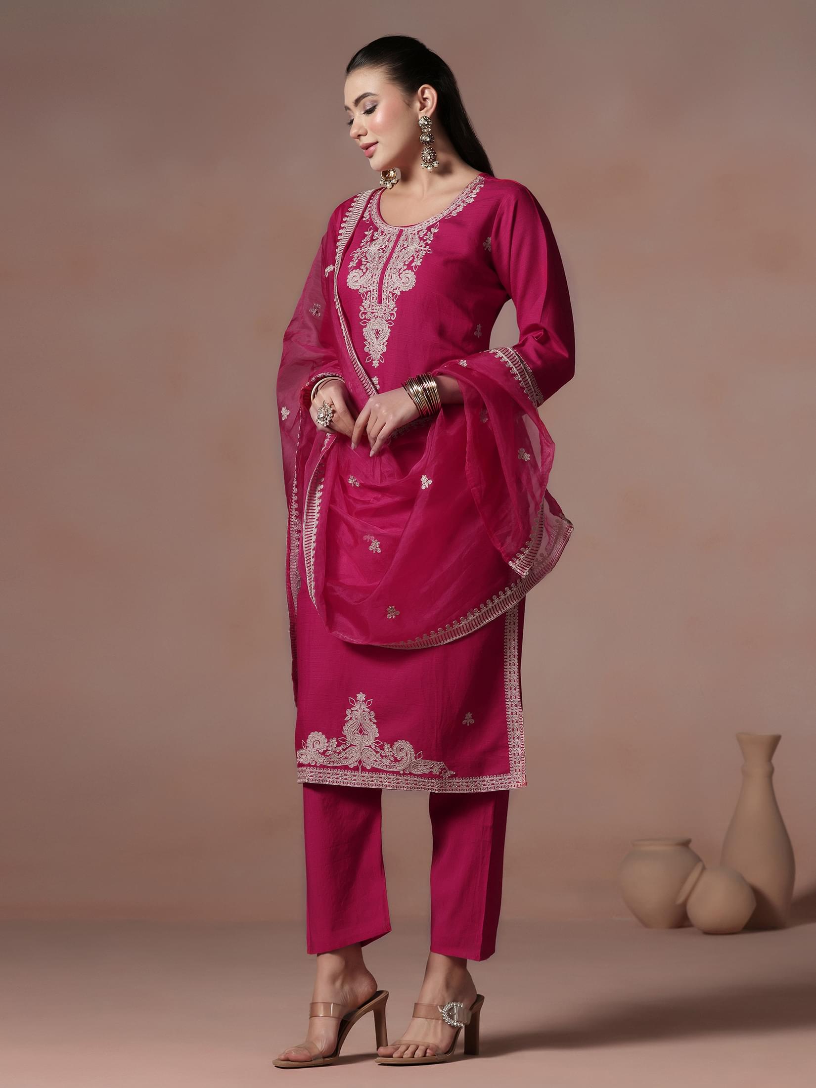 Women Poly Viscose Pink Embroidered Kurta Comfort Pant Dupatta.