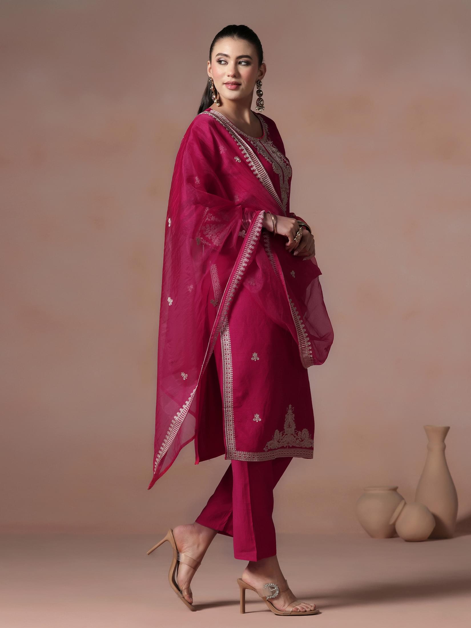 Women Poly Viscose Pink Embroidered Kurta Comfort Pant Dupatta.