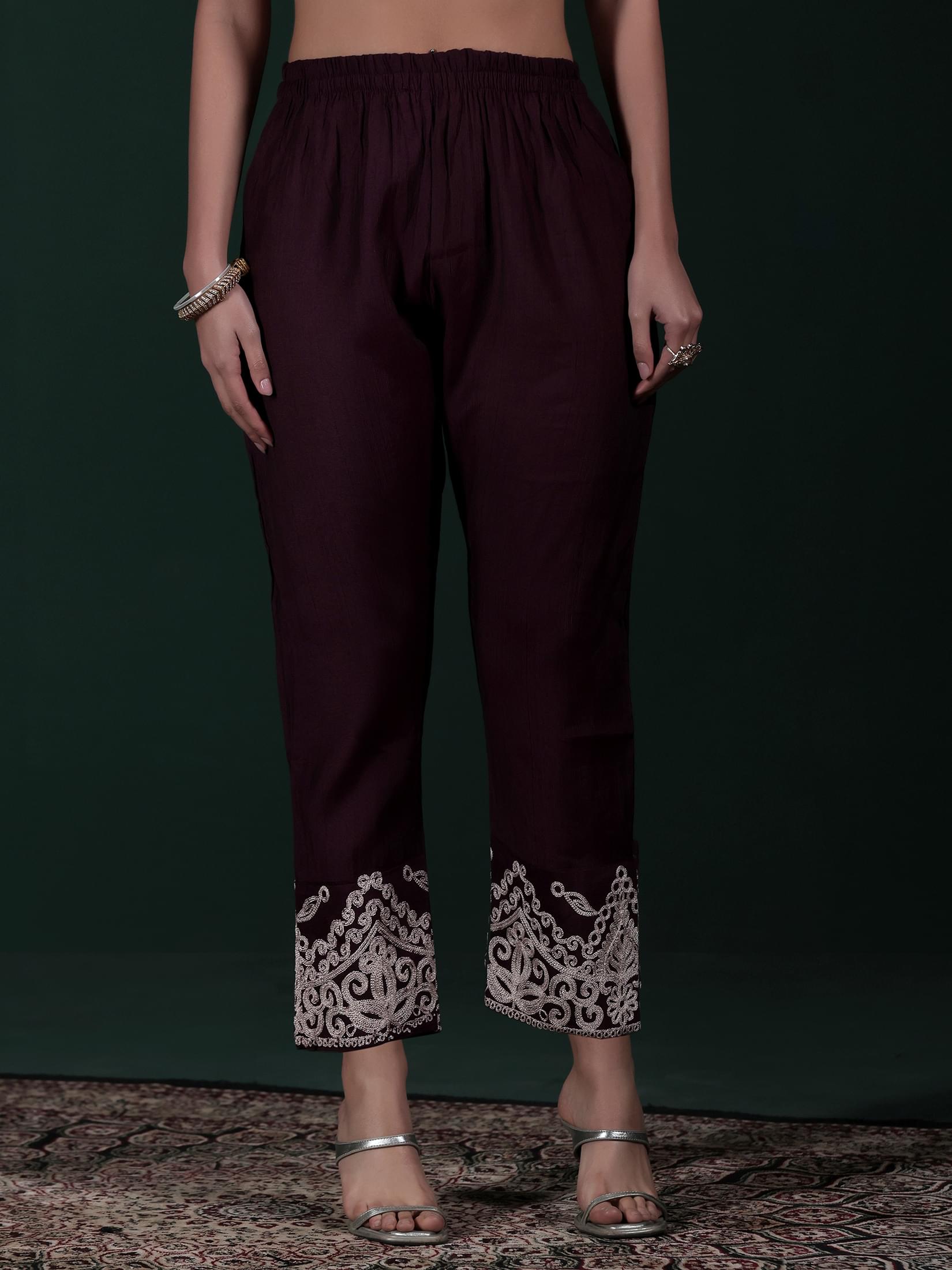 Women Poly Viscose Wine Embroidered Kurta Comfort Pant Dupatta.