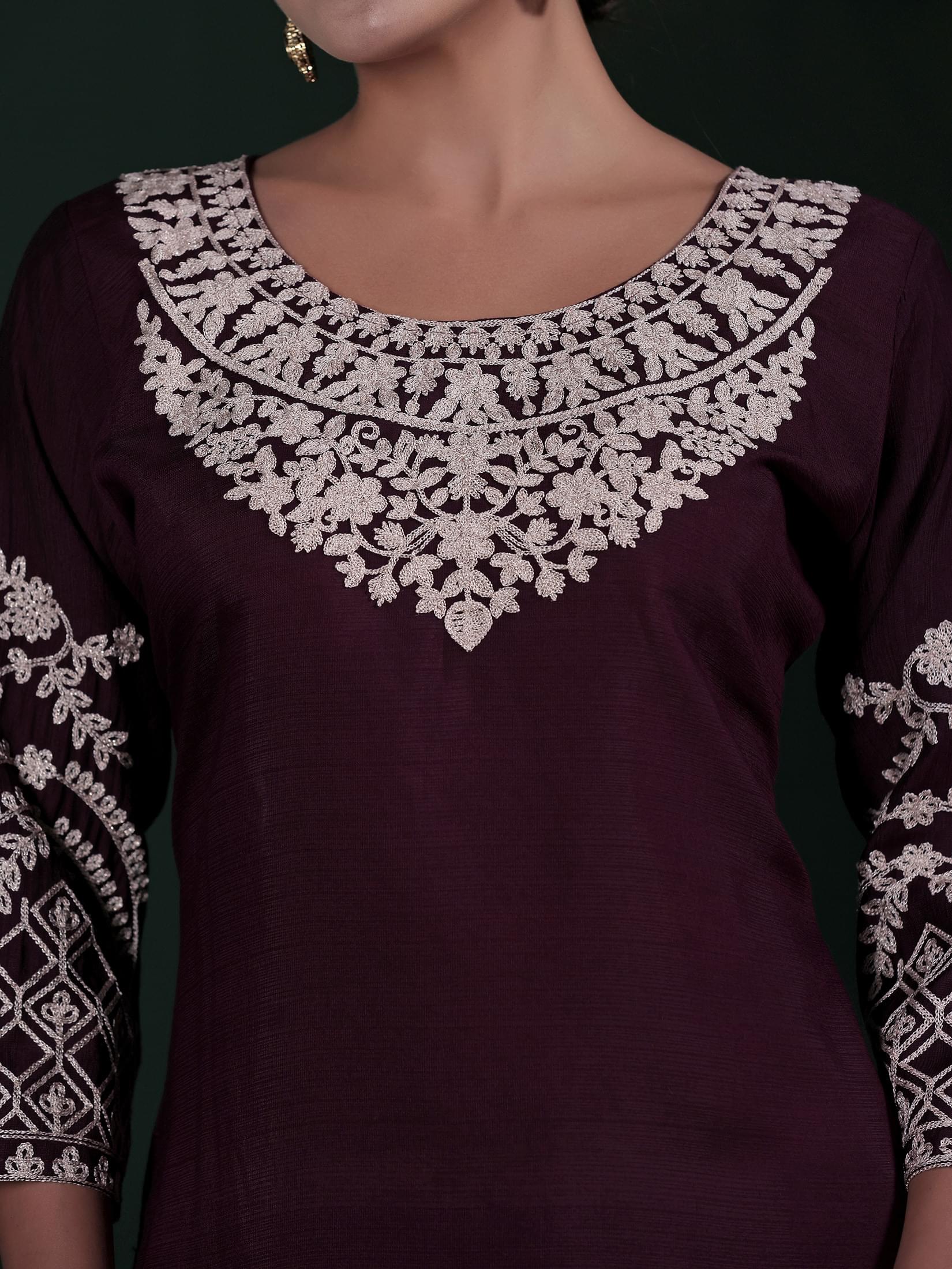 Women Poly Viscose Wine Embroidered Kurta Comfort Pant Dupatta.