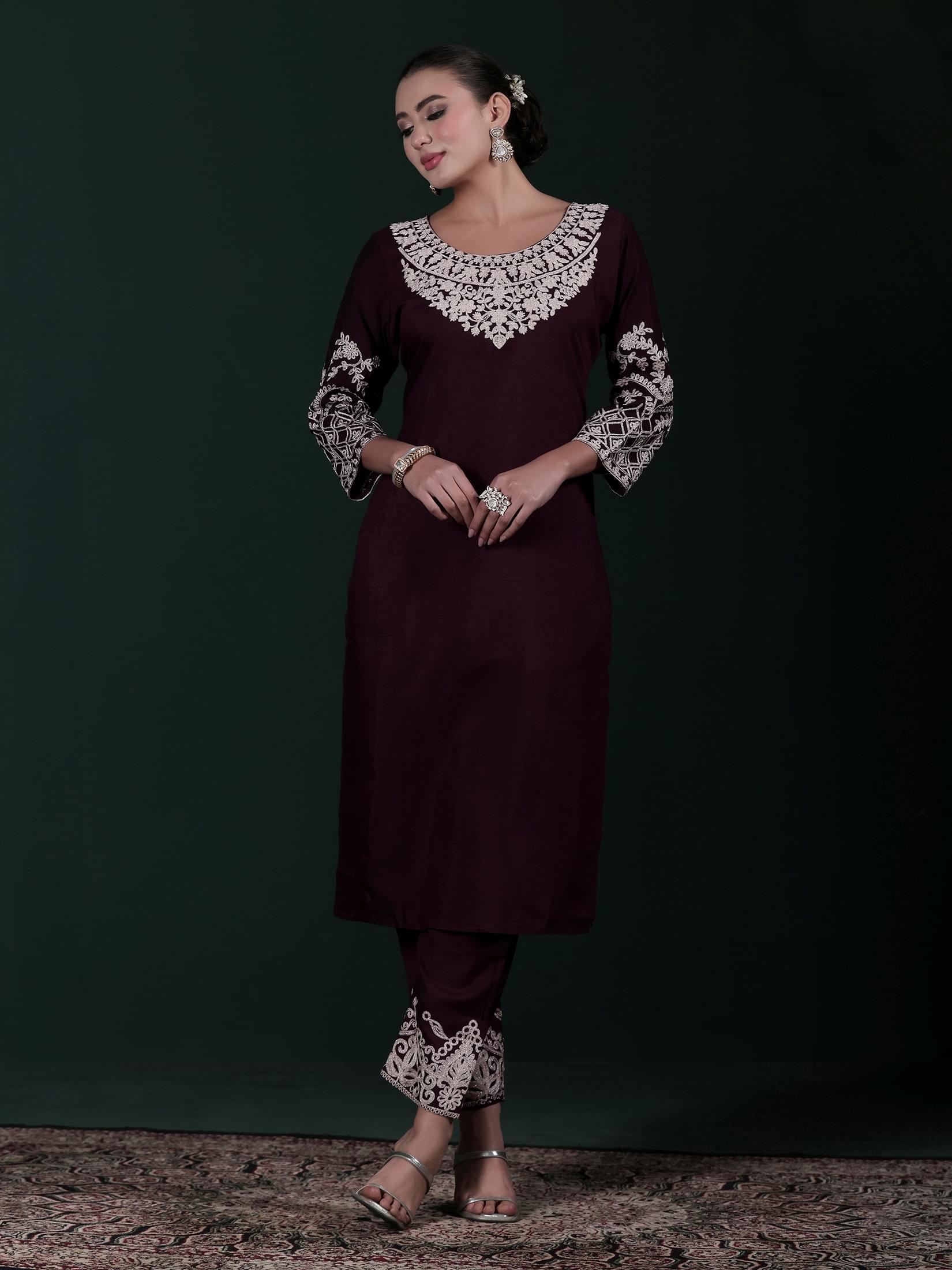 Women Poly Viscose Wine Embroidered Kurta Comfort Pant Dupatta.