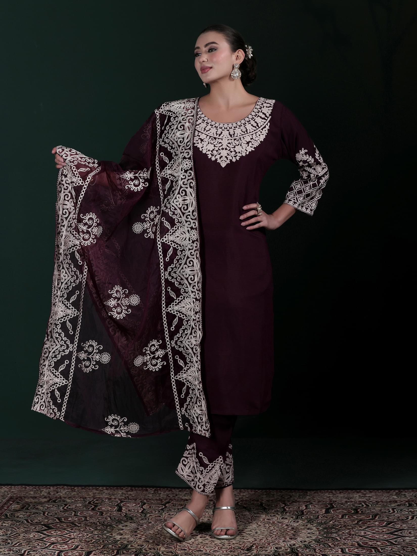 Women Poly Viscose Wine Embroidered Kurta Comfort Pant Dupatta.