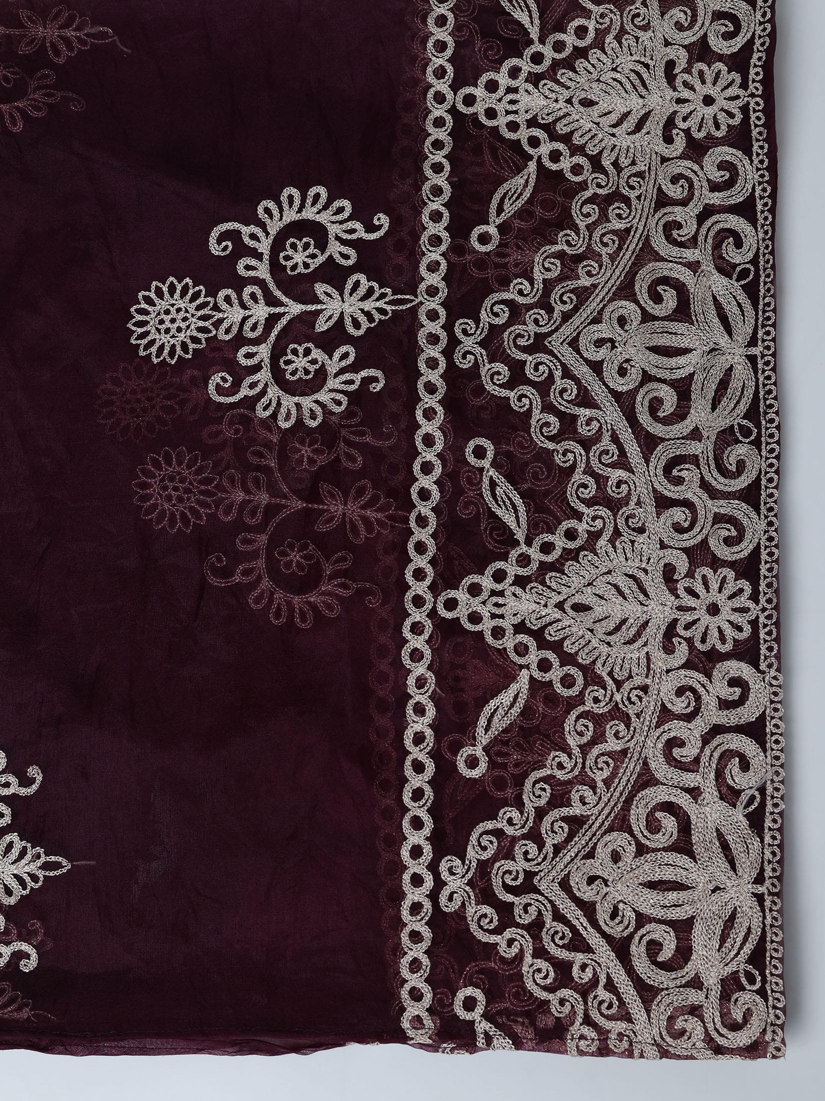 Women Poly Viscose Wine Embroidered Kurta Comfort Pant Dupatta.