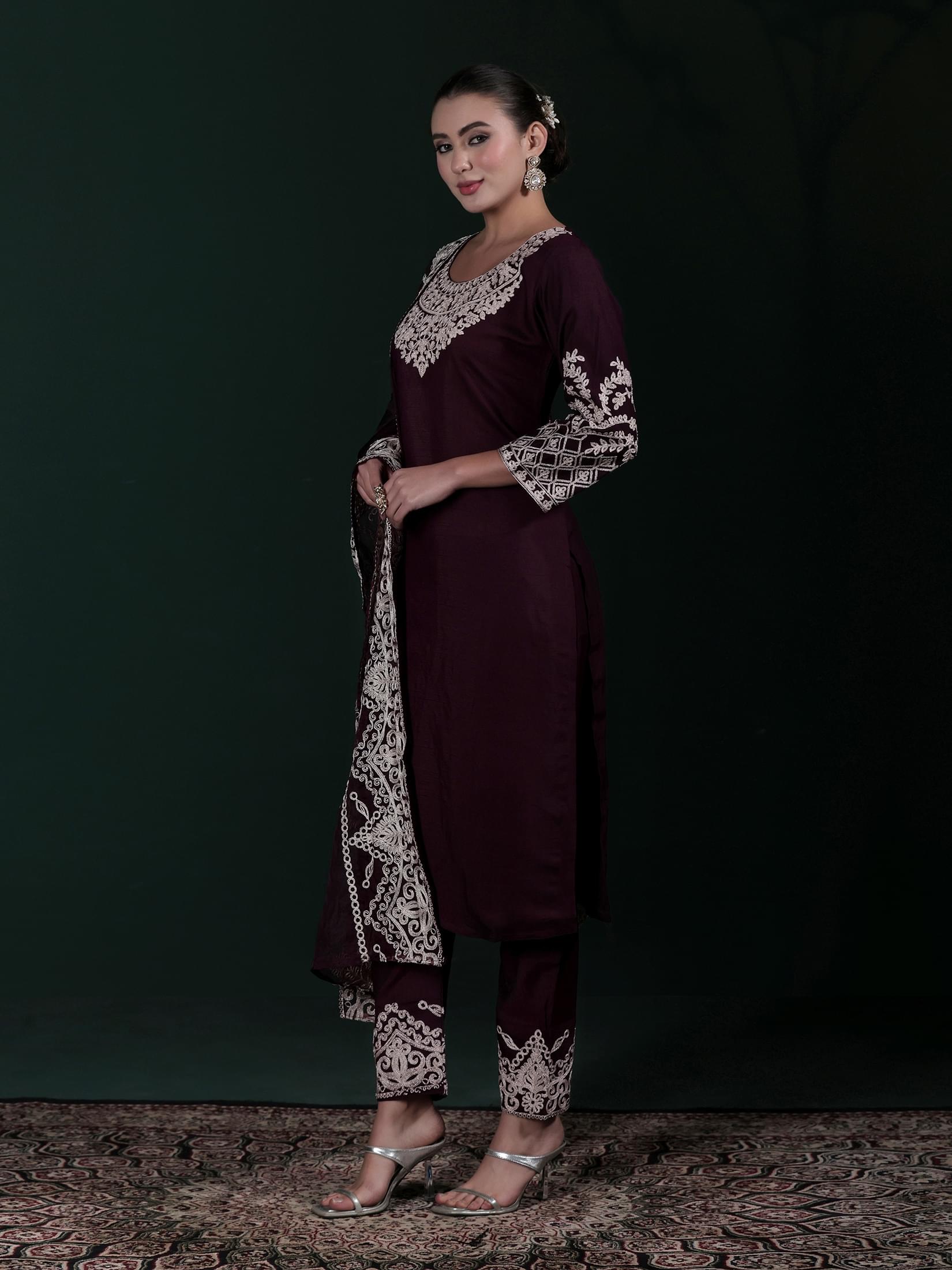 Women Poly Viscose Wine Embroidered Kurta Comfort Pant Dupatta.