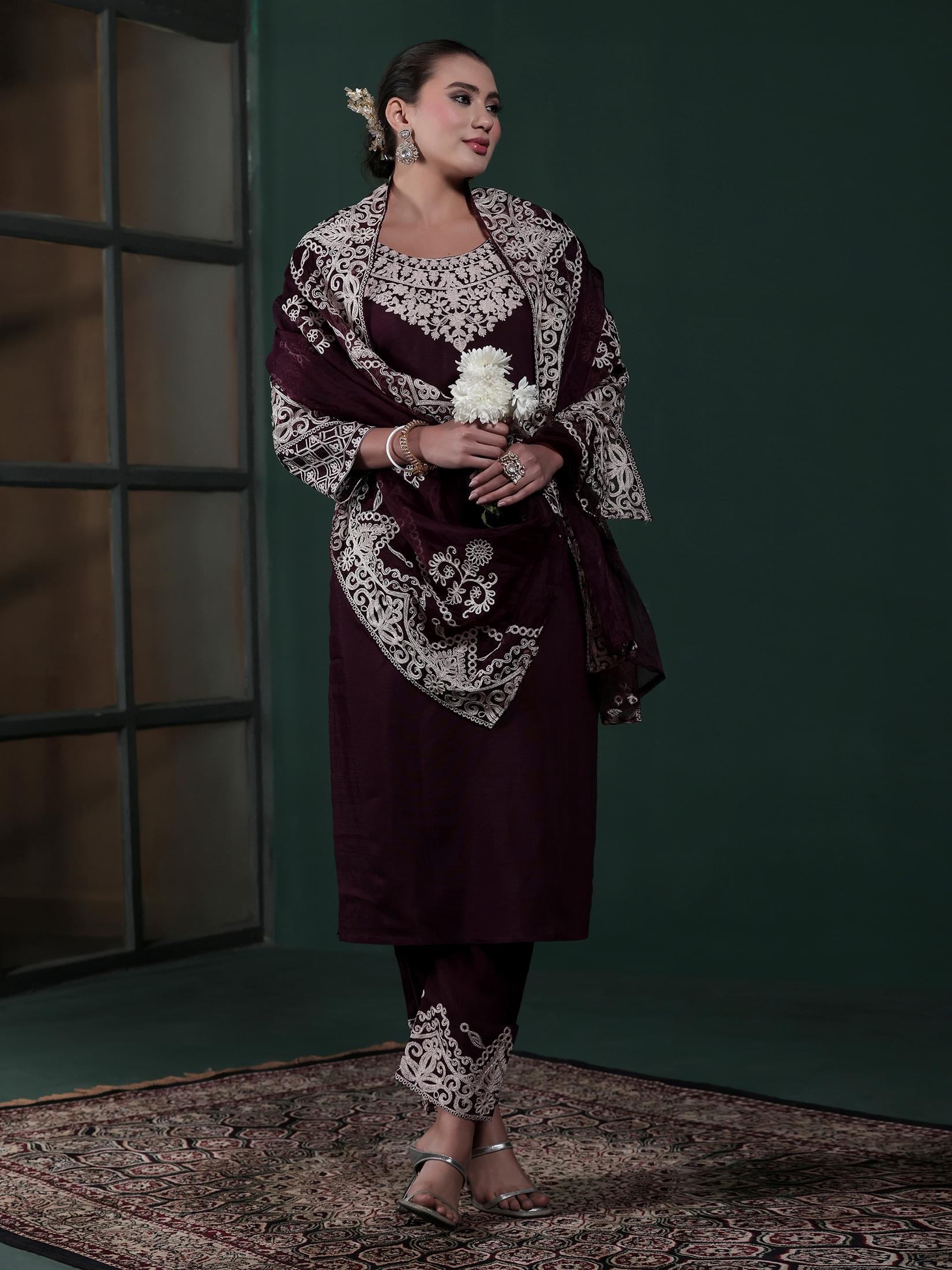 Women Poly Viscose Wine Embroidered Kurta Comfort Pant Dupatta.