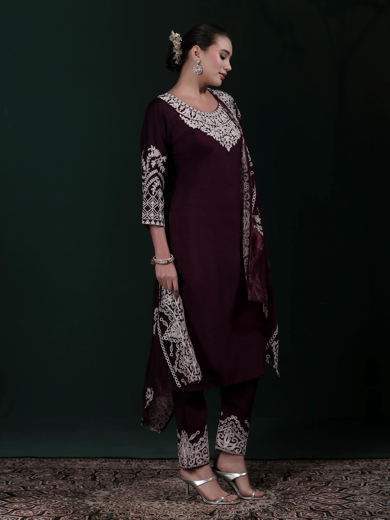 Women Poly Viscose Wine Embroidered Kurta Comfort Pant Dupatta.