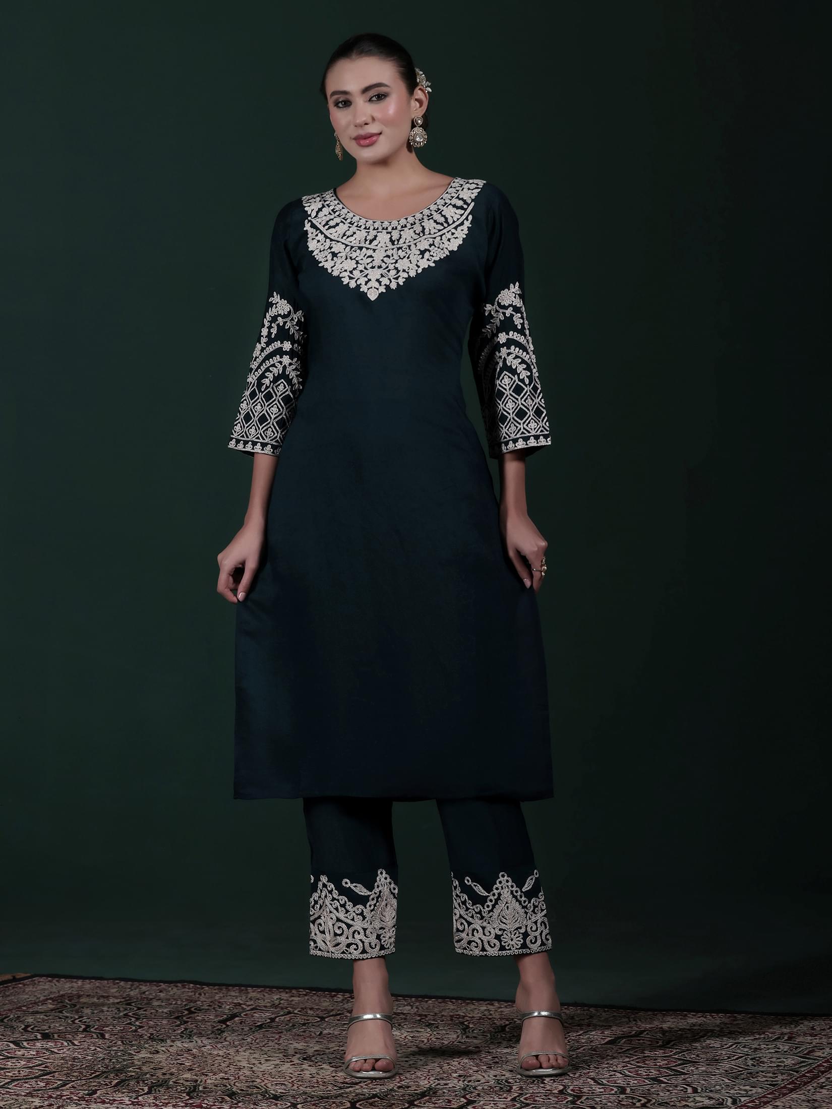 Women Poly Viscose Blue Embroidered Kurta Comfort Pant Dupatta.