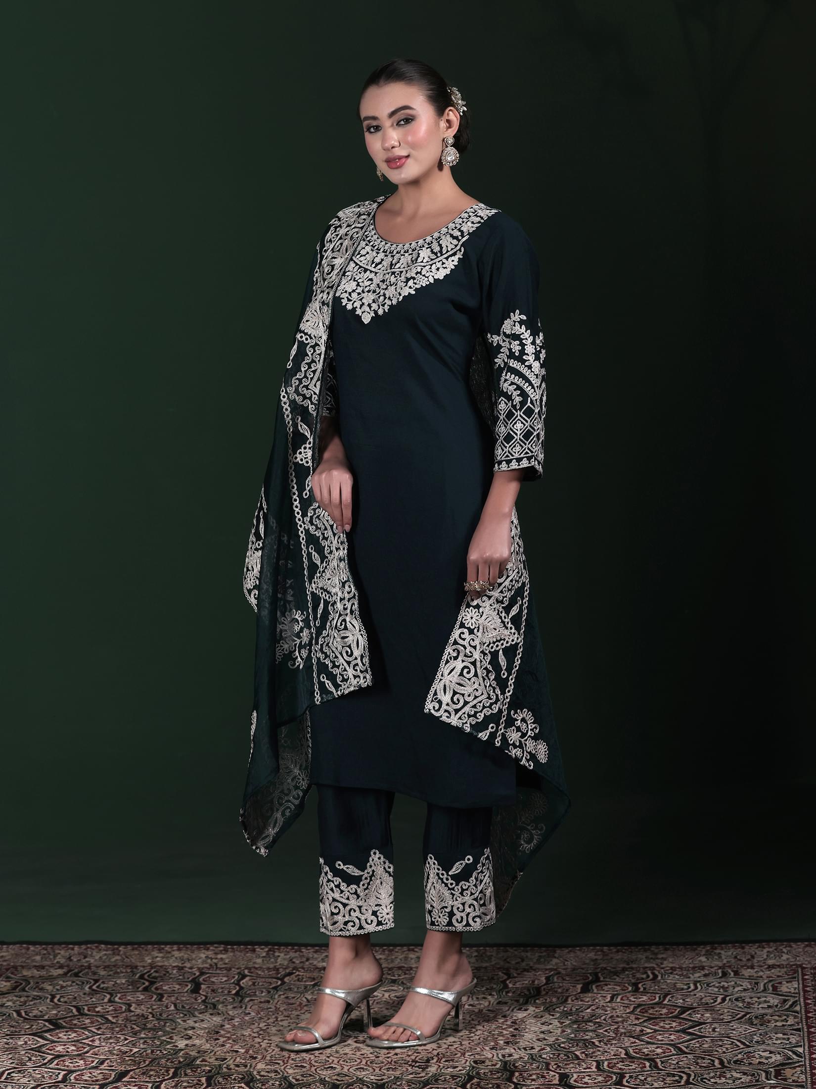 Women Poly Viscose Blue Embroidered Kurta Comfort Pant Dupatta.