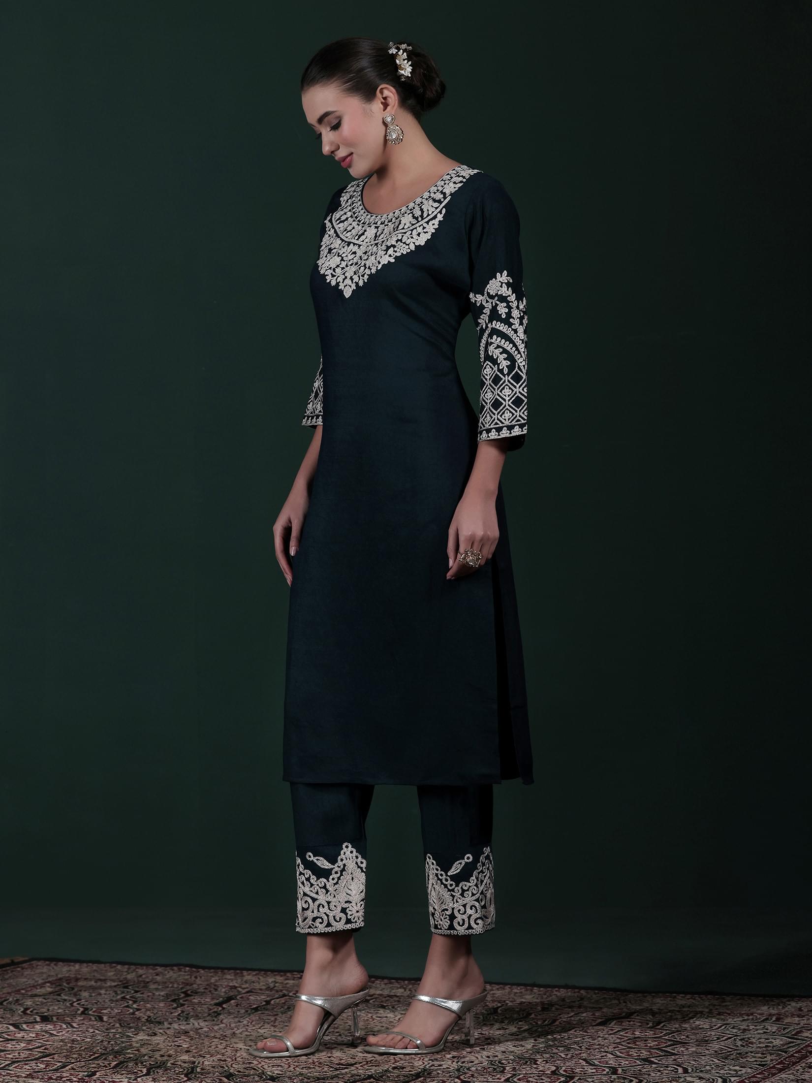 Women Poly Viscose Blue Embroidered Kurta Comfort Pant Dupatta.