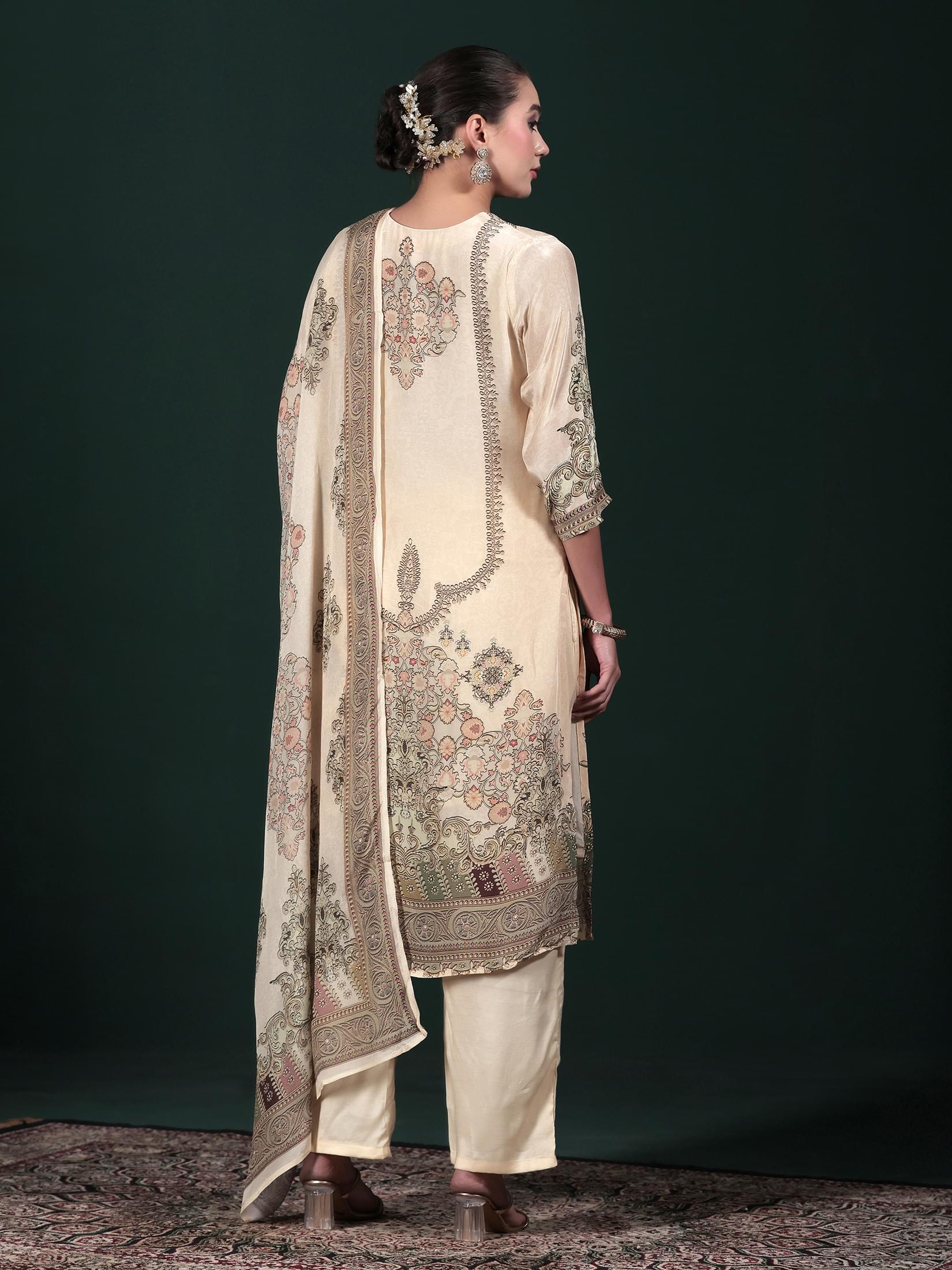 Women Natural Crepe Beige Printed Kurta Comfort Pant Dupatta.