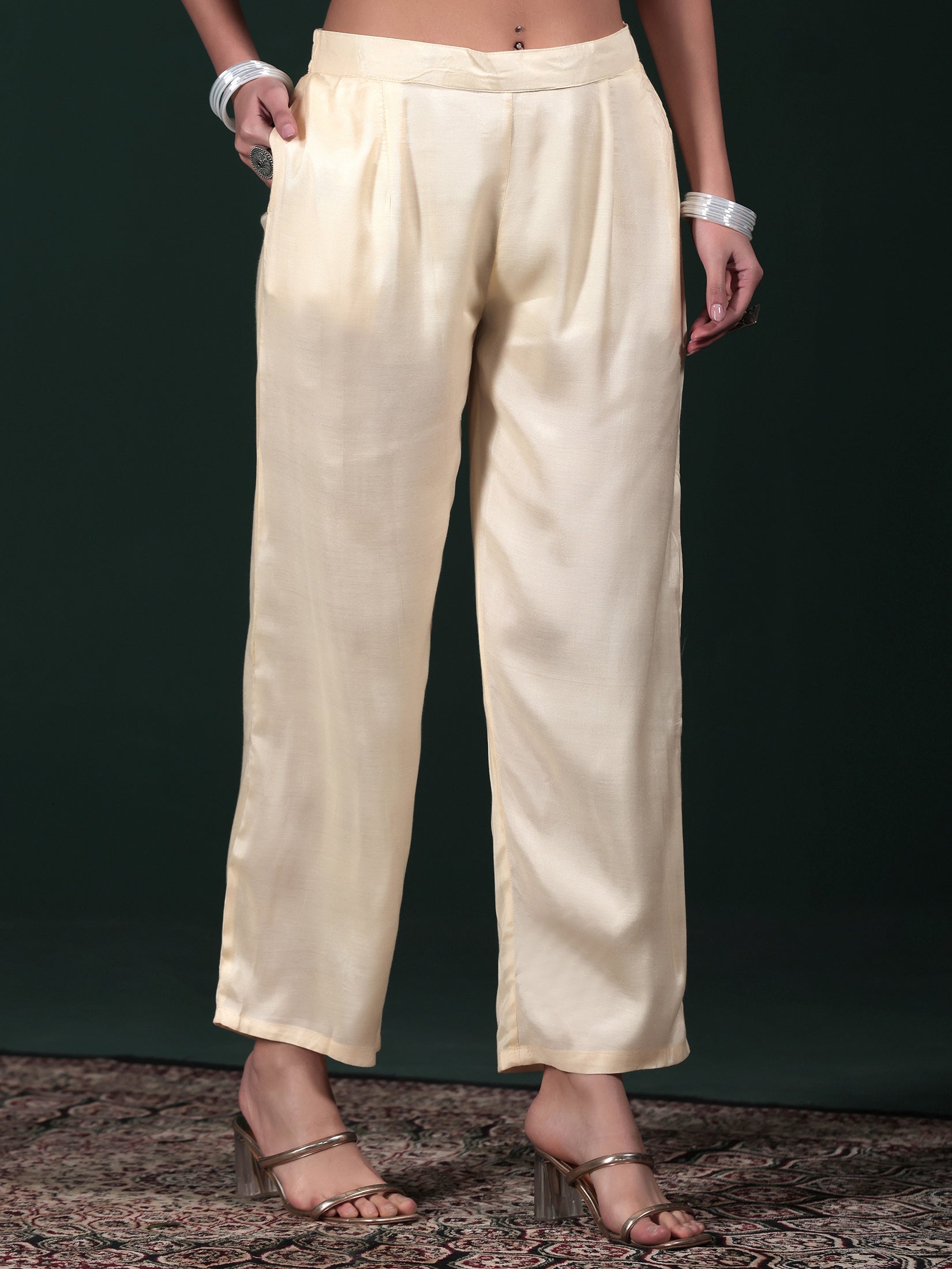 Women Natural Crepe Beige Printed Kurta Comfort Pant Dupatta.