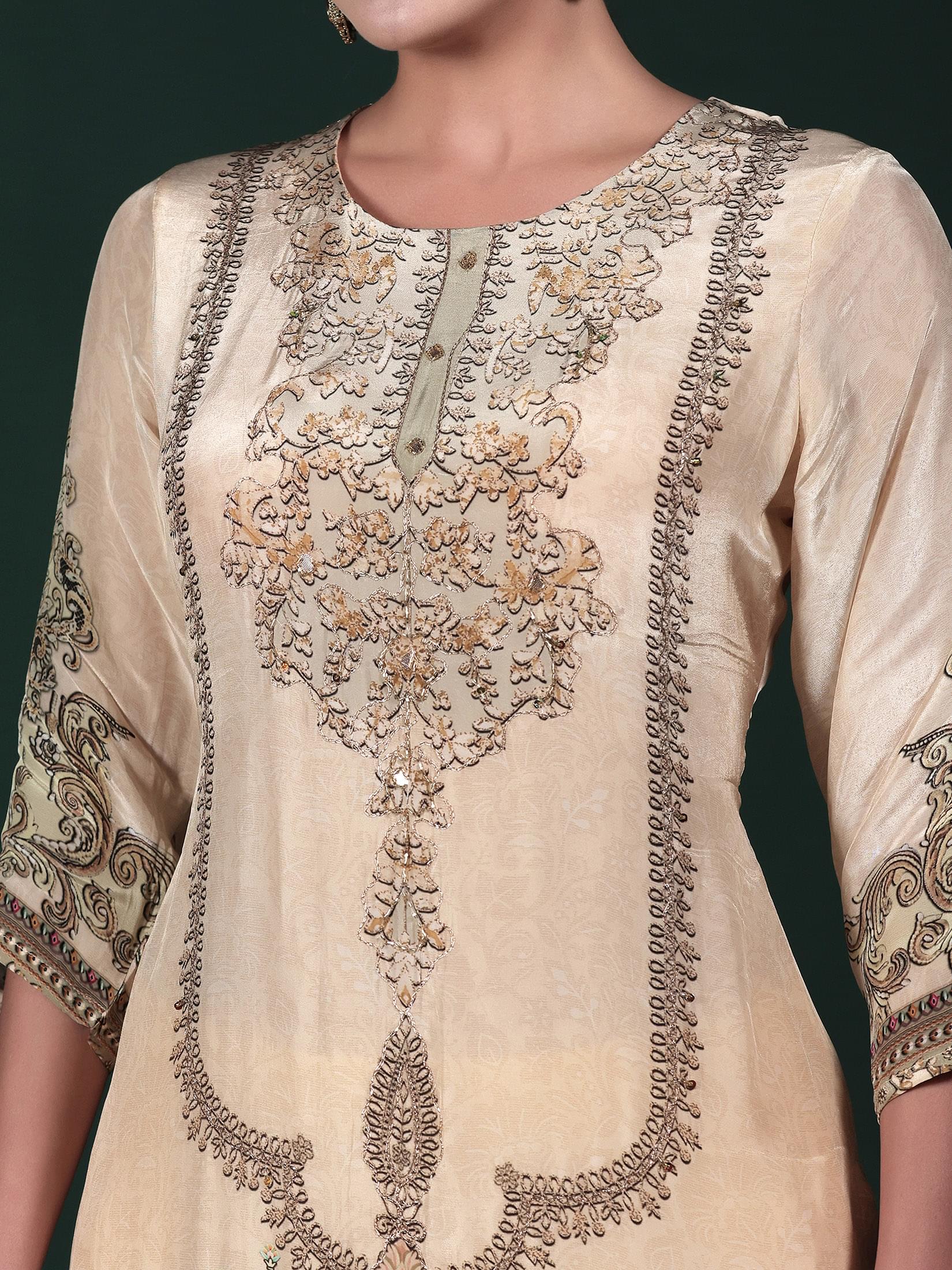 Women Natural Crepe Beige Printed Kurta Comfort Pant Dupatta.