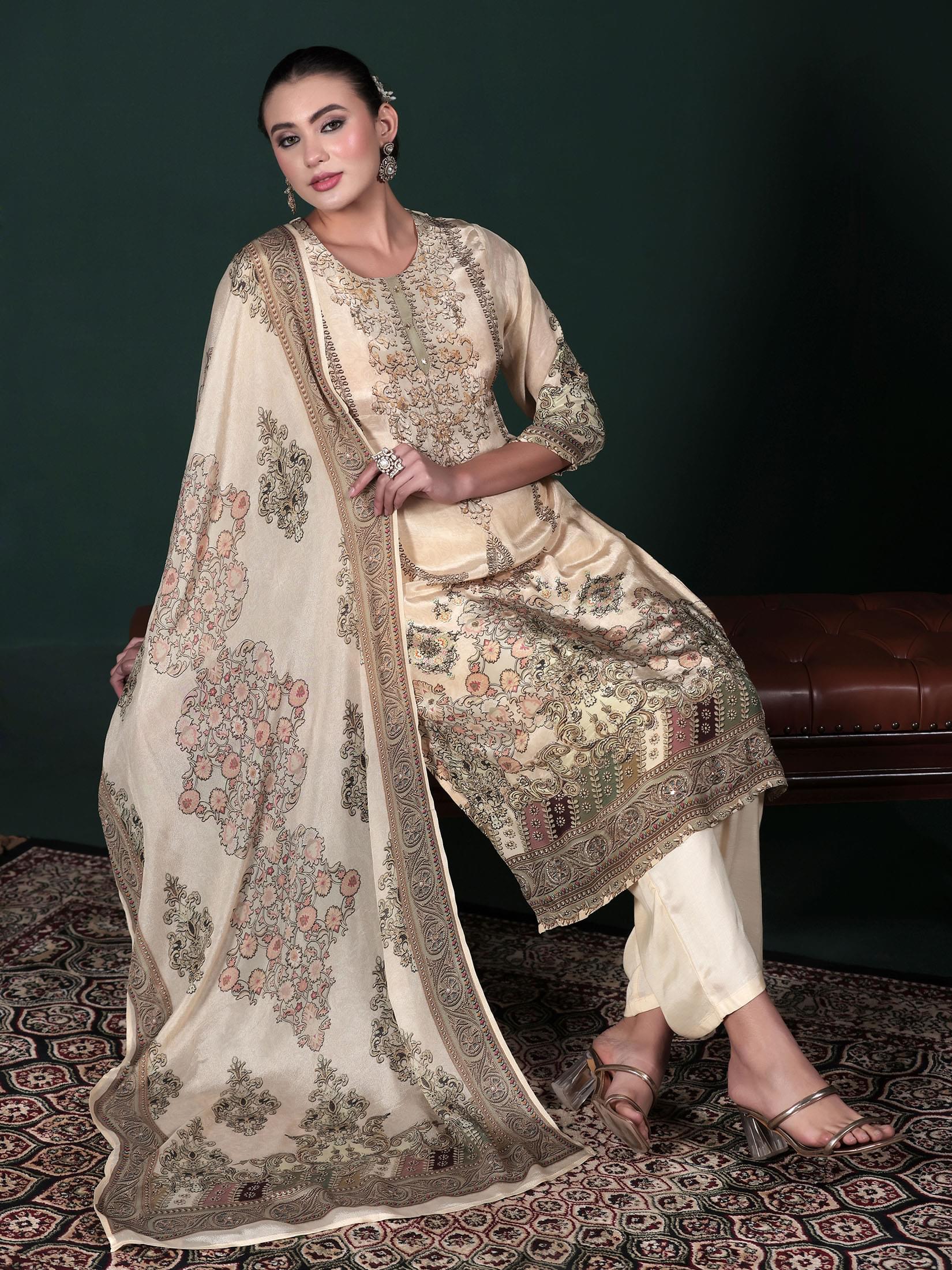 Women Natural Crepe Beige Printed Kurta Comfort Pant Dupatta.