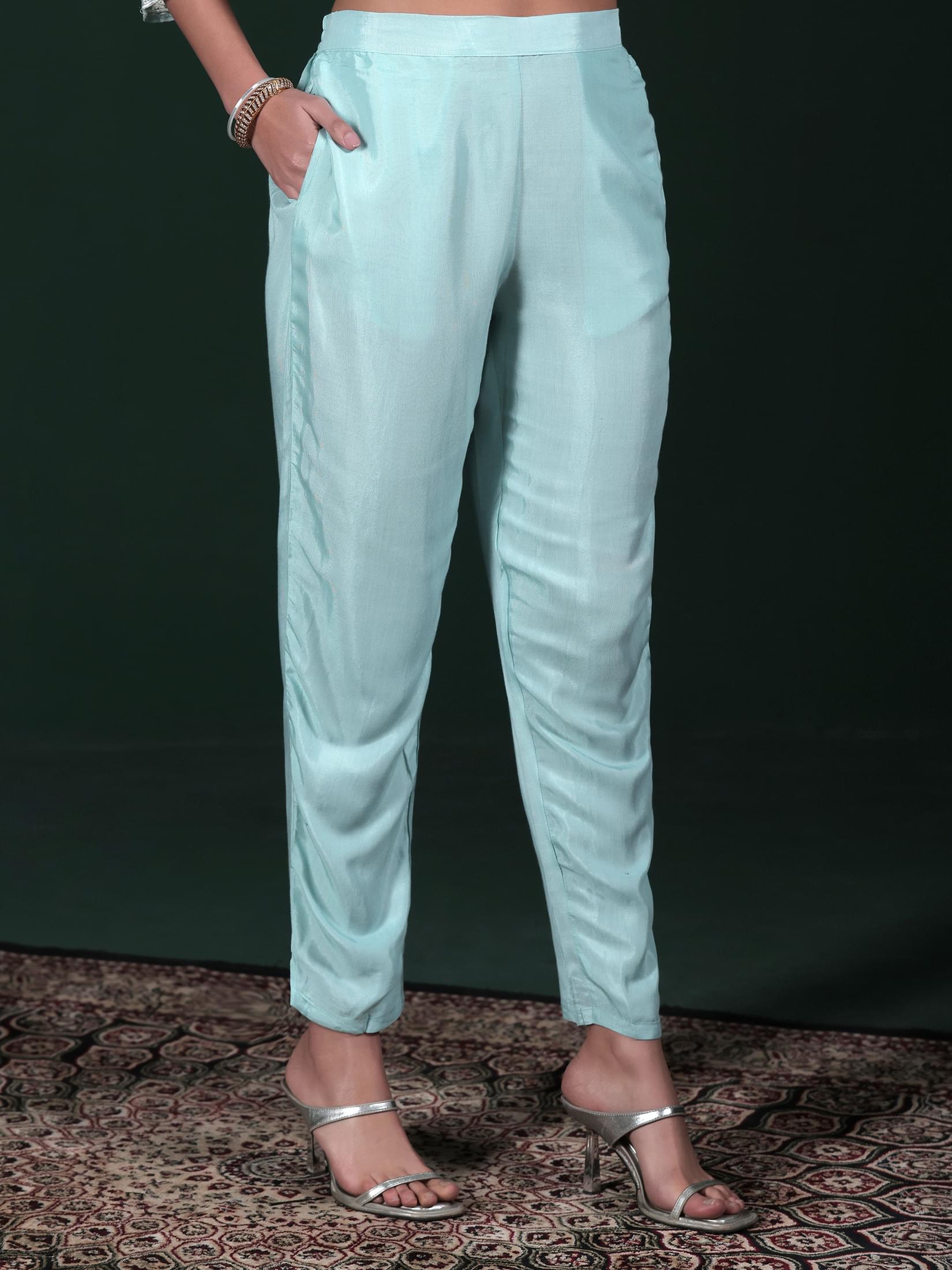 Women Organza Aqua Blue Embroidered Kurta Comfort Pant Dupatta.
