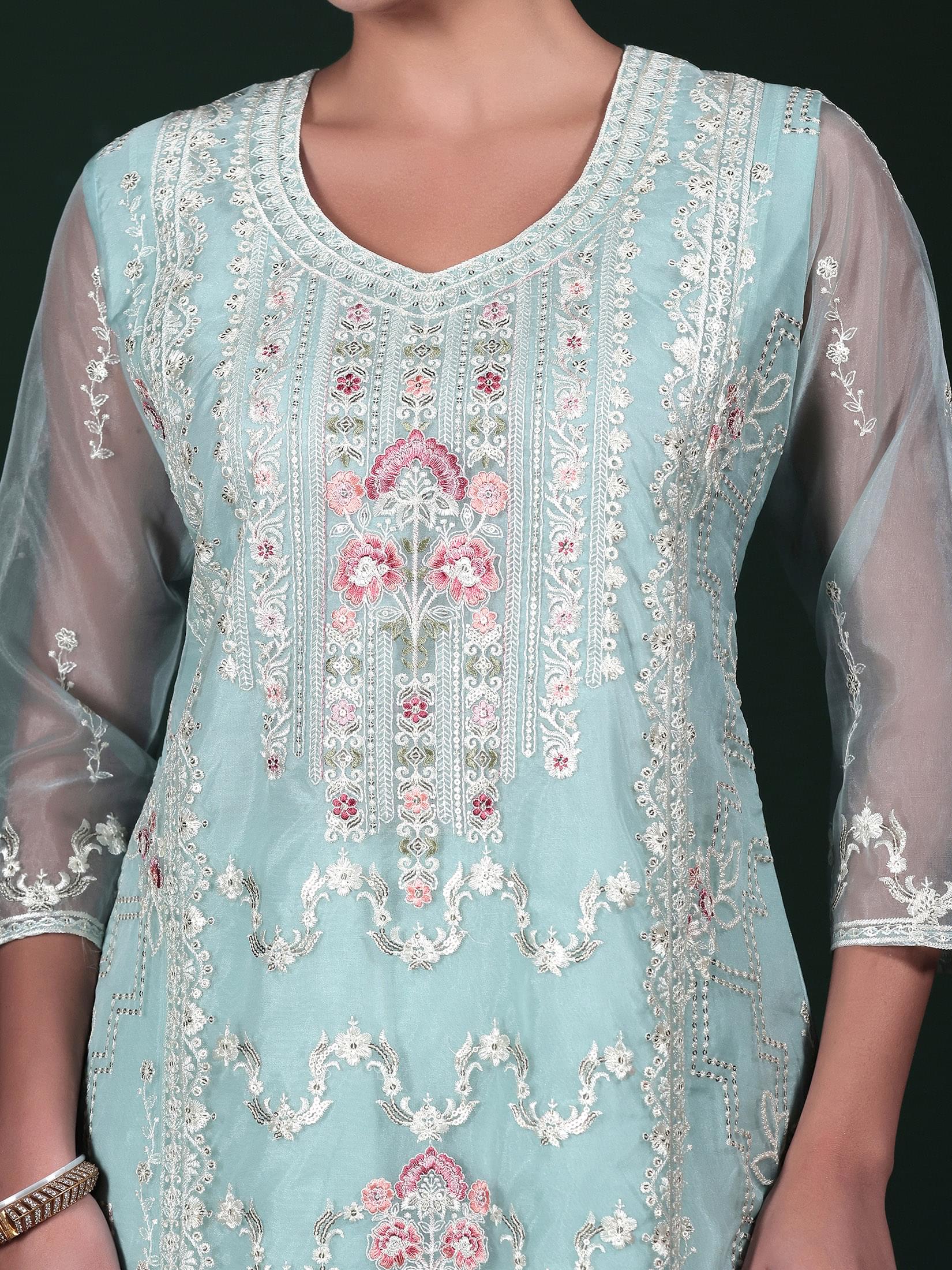 Women Organza Aqua Blue Embroidered Kurta Comfort Pant Dupatta.