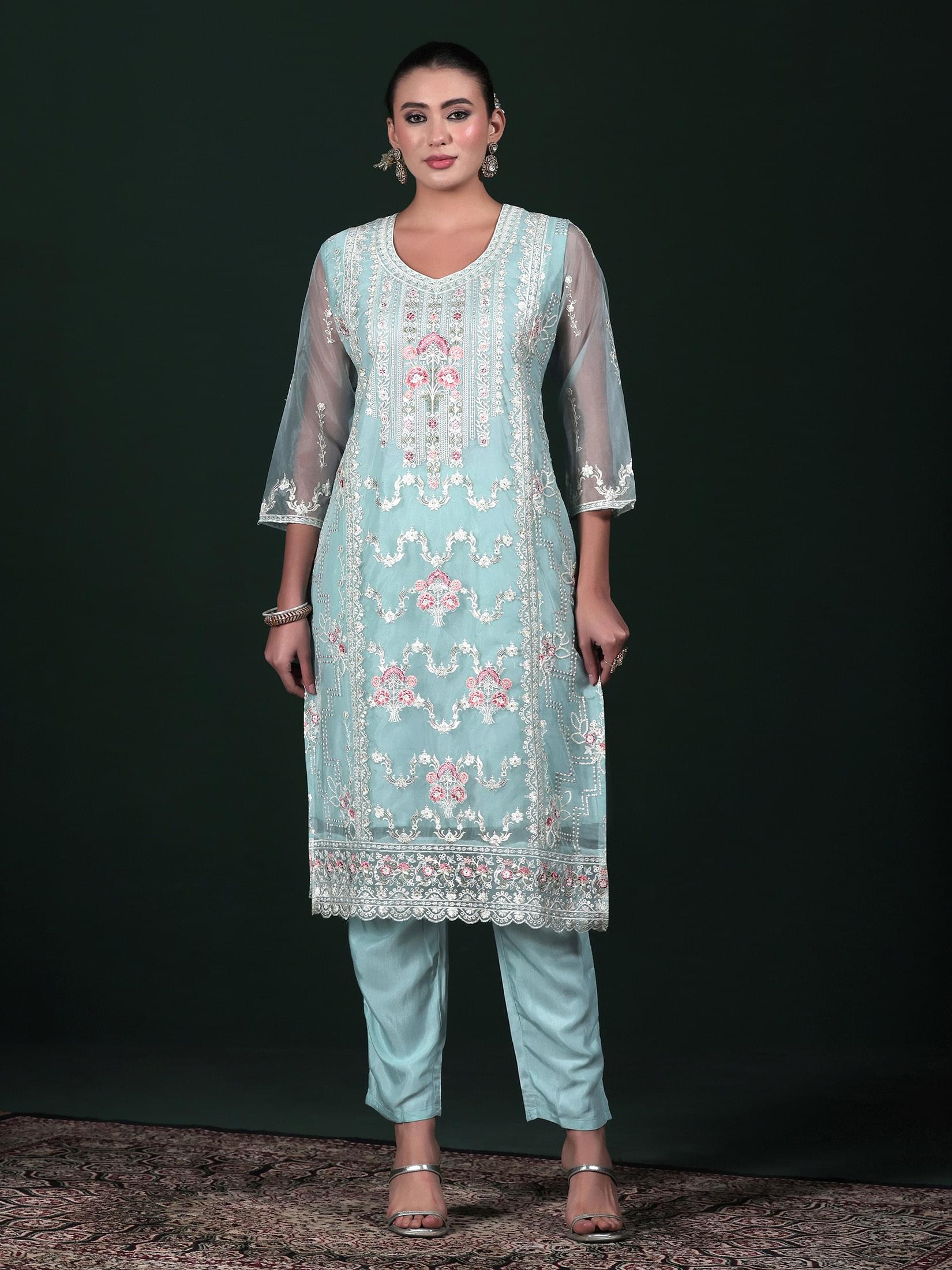 Women Organza Aqua Blue Embroidered Kurta Comfort Pant Dupatta.