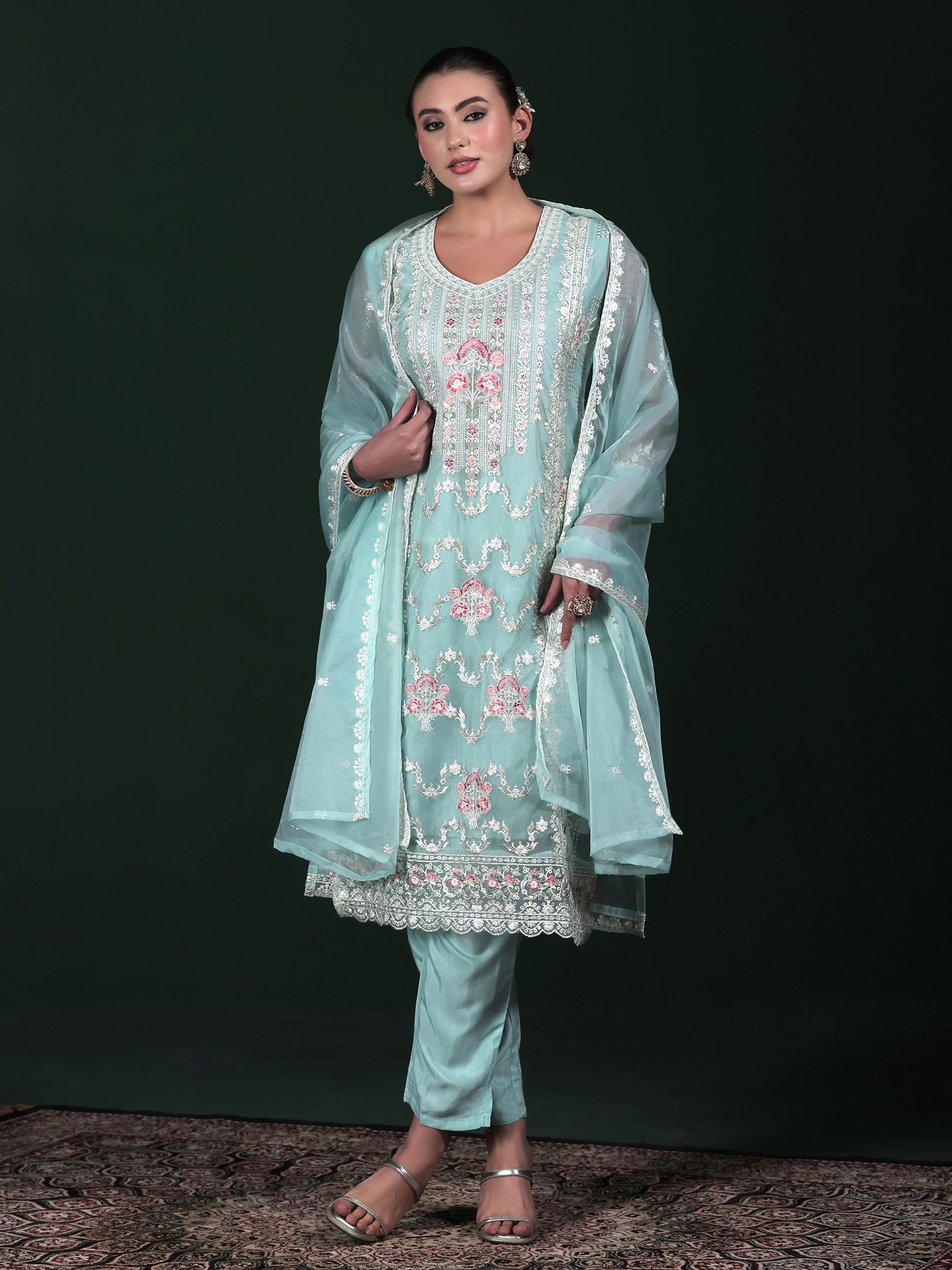 Women Organza Aqua Blue Embroidered Kurta Comfort Pant Dupatta.