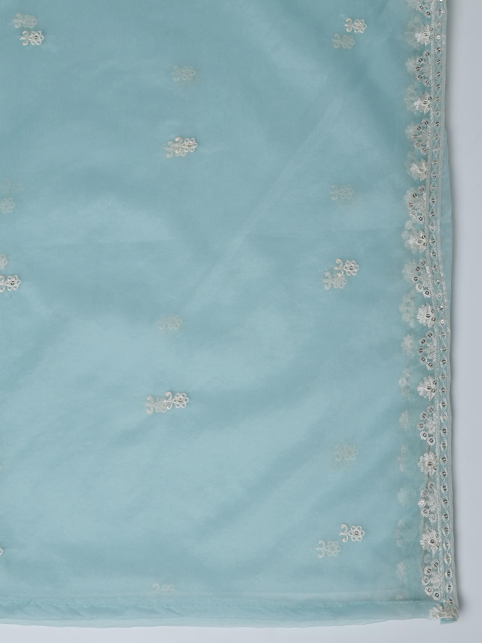 Women Organza Aqua Blue Embroidered Kurta Comfort Pant Dupatta.