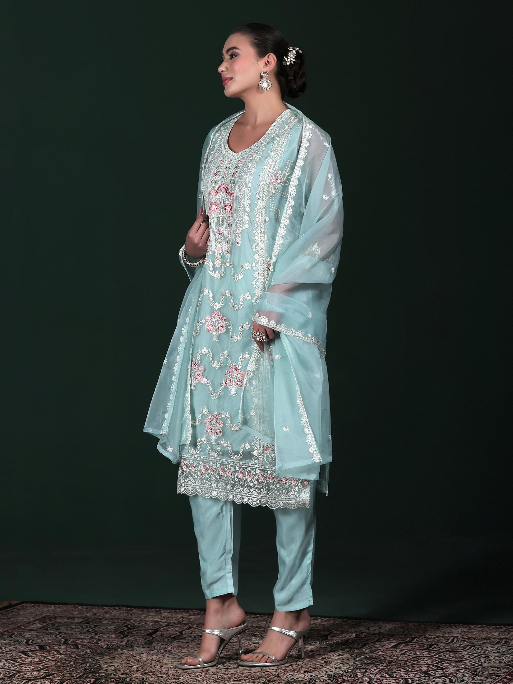 Women Organza Aqua Blue Embroidered Kurta Comfort Pant Dupatta.