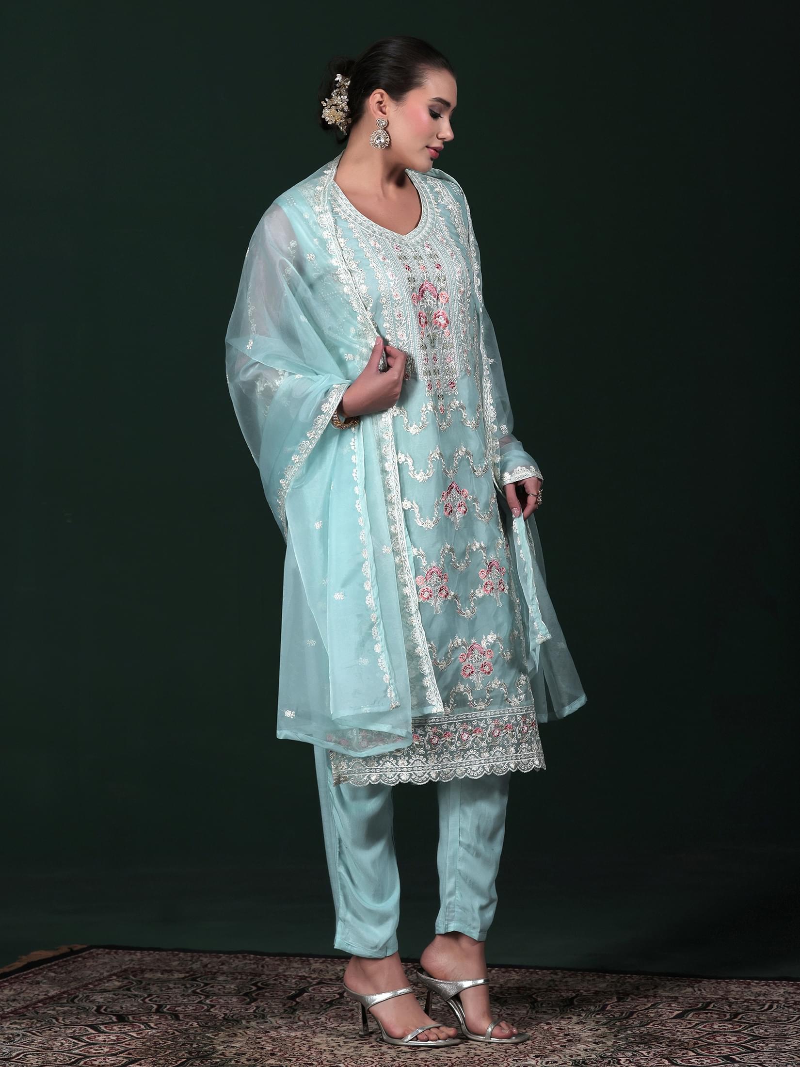 Women Organza Aqua Blue Embroidered Kurta Comfort Pant Dupatta.
