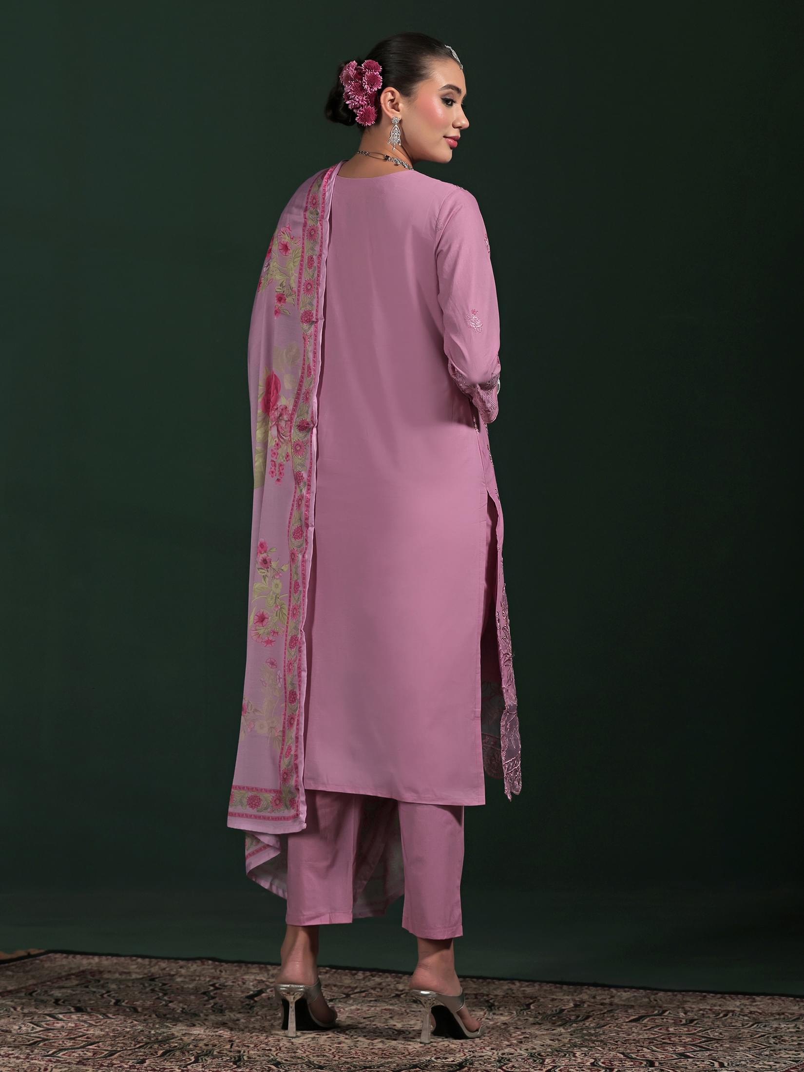 Women Cotton Purple Embroidered Kurta Comfort Pant Dupatta.