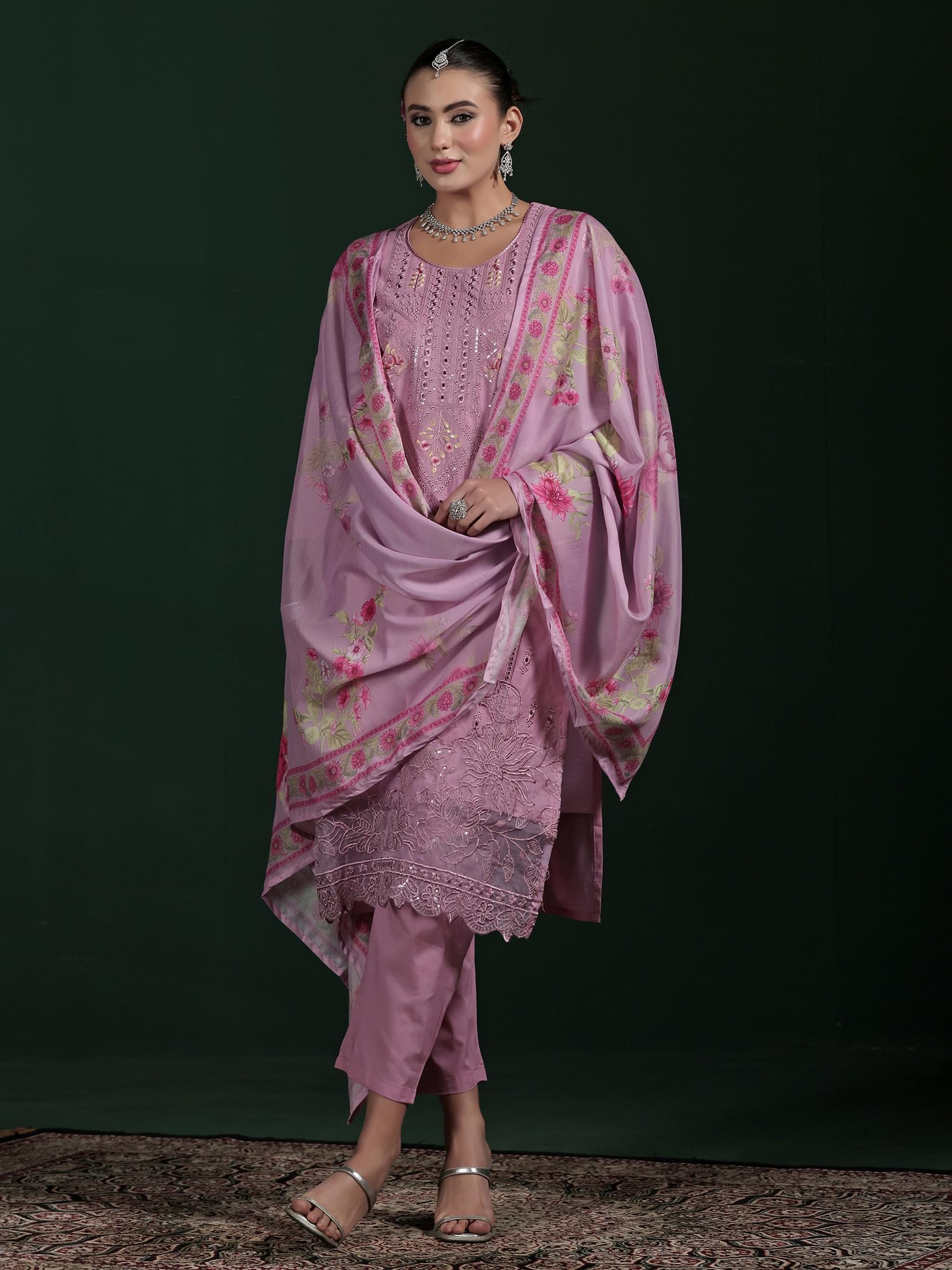 Women Cotton Purple Embroidered Kurta Comfort Pant Dupatta.