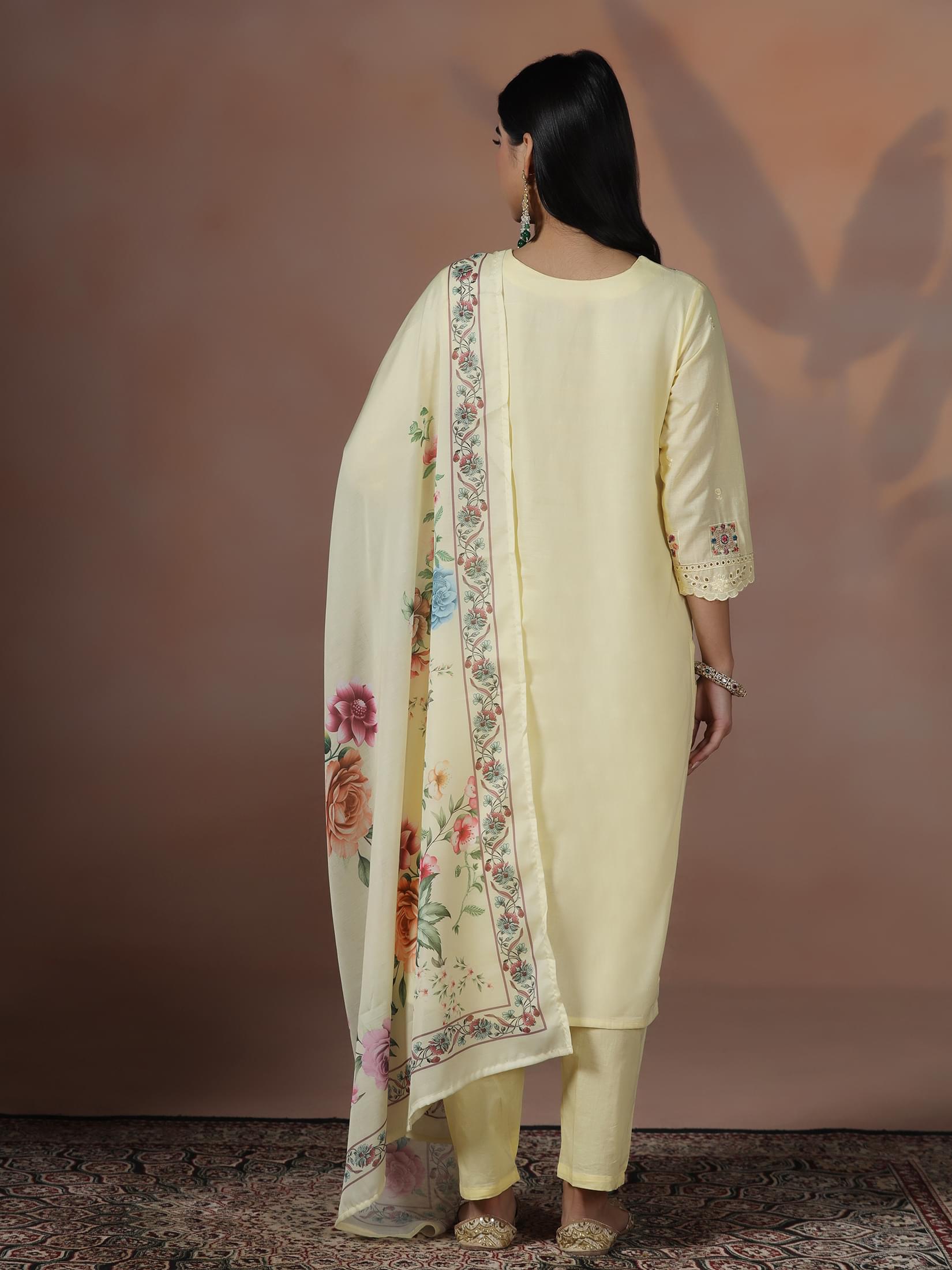 Women Cotton Yellow Embroidered Kurta Comfort Pant Dupatta.