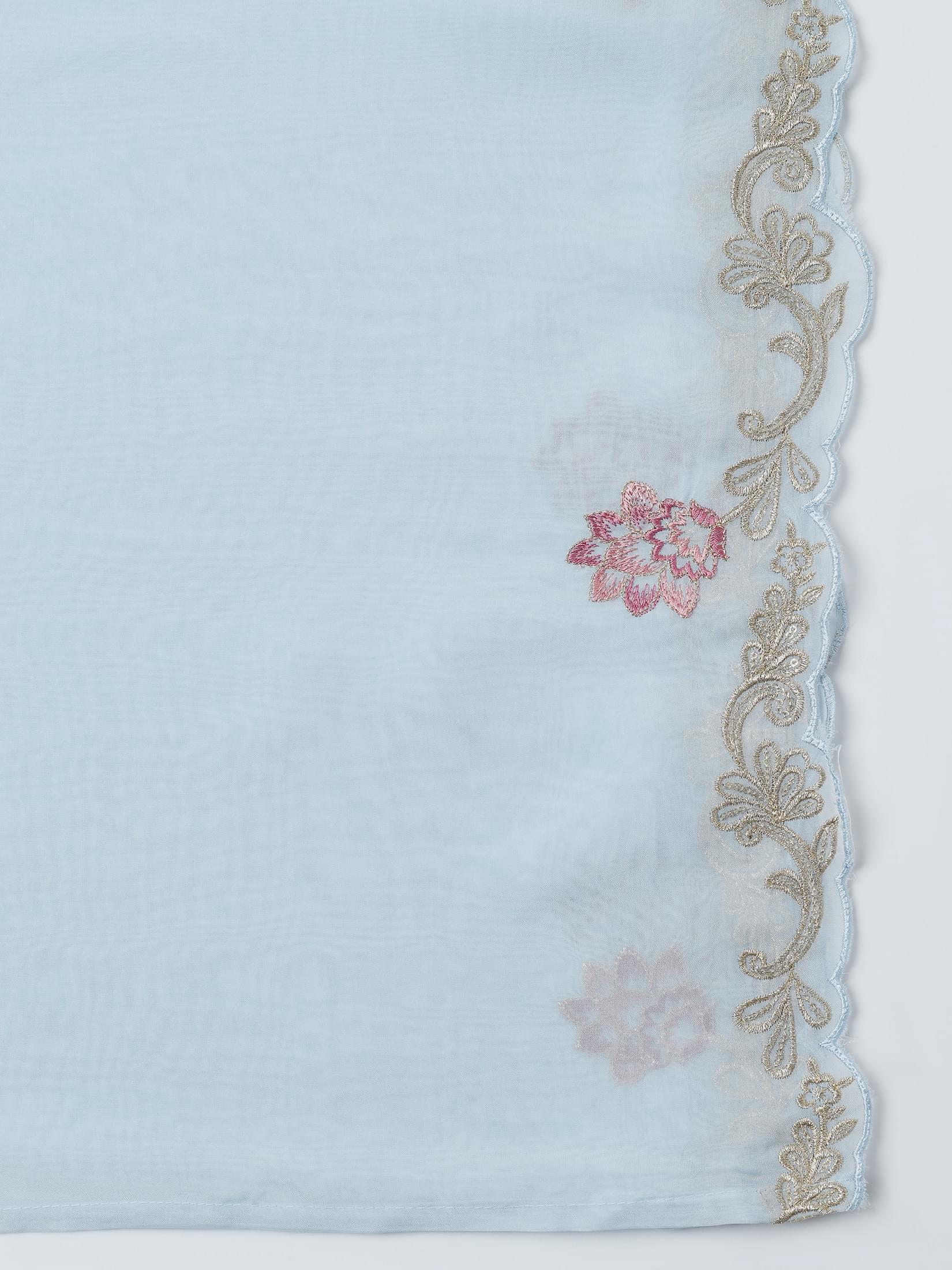 Women Organza Blue Embroidered Kurta Comfort Pant Dupatta.