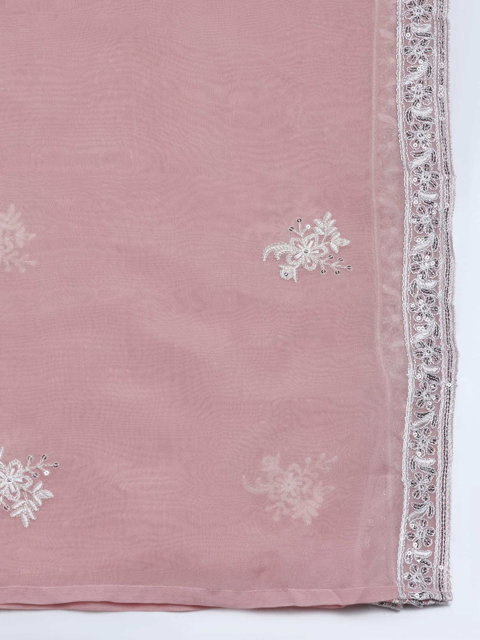 Women Organza Pink Embroidered Kurta Comfort Pant Dupatta.