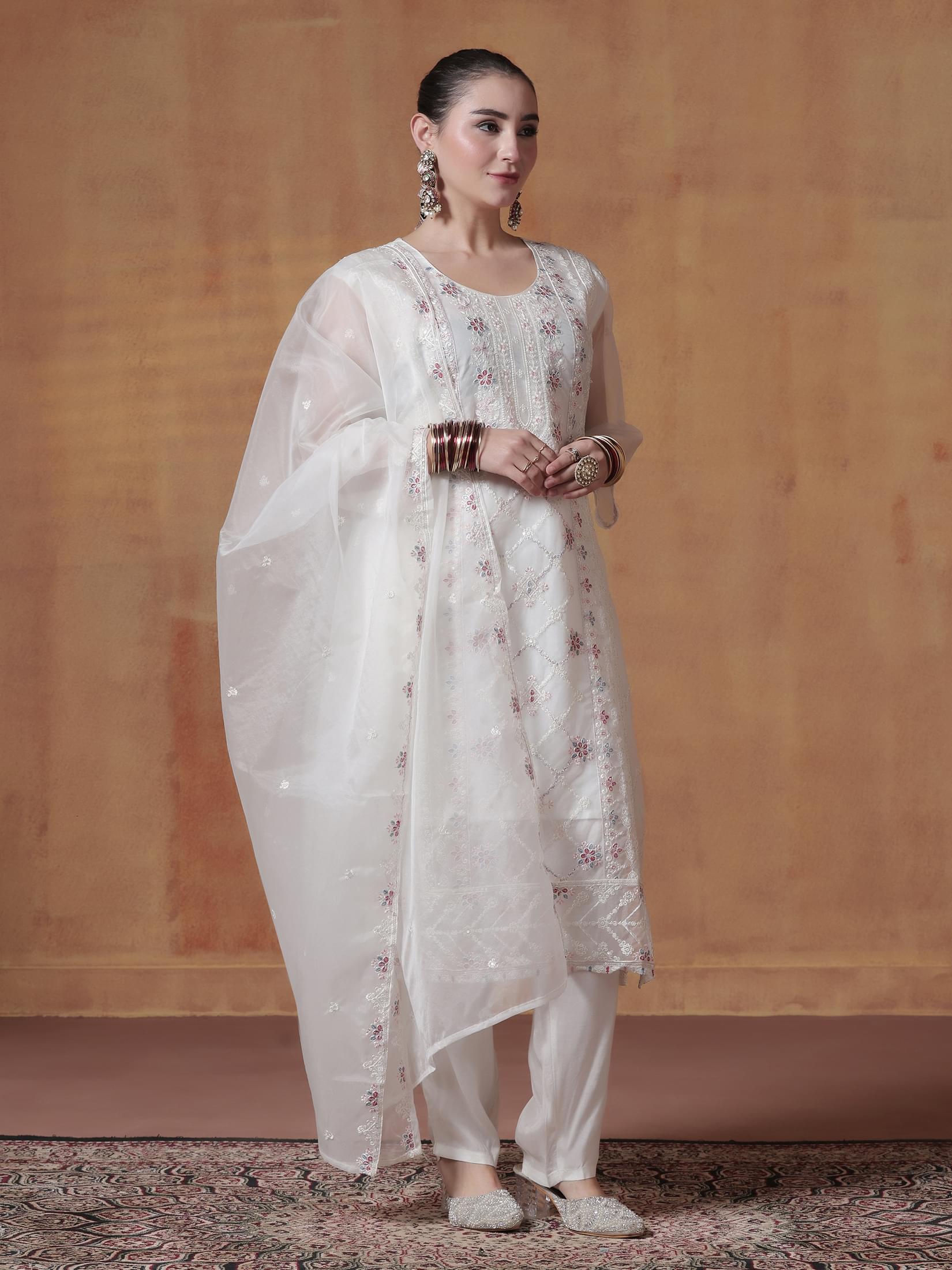 Women Organza White Embroidered Kurta Comfort Pant Dupatta.