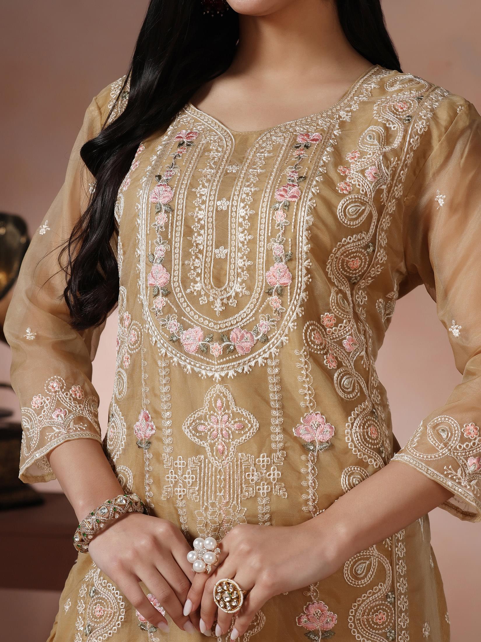 Women Organza Mustard Embroidered Kurta Comfort Pant Dupatta.