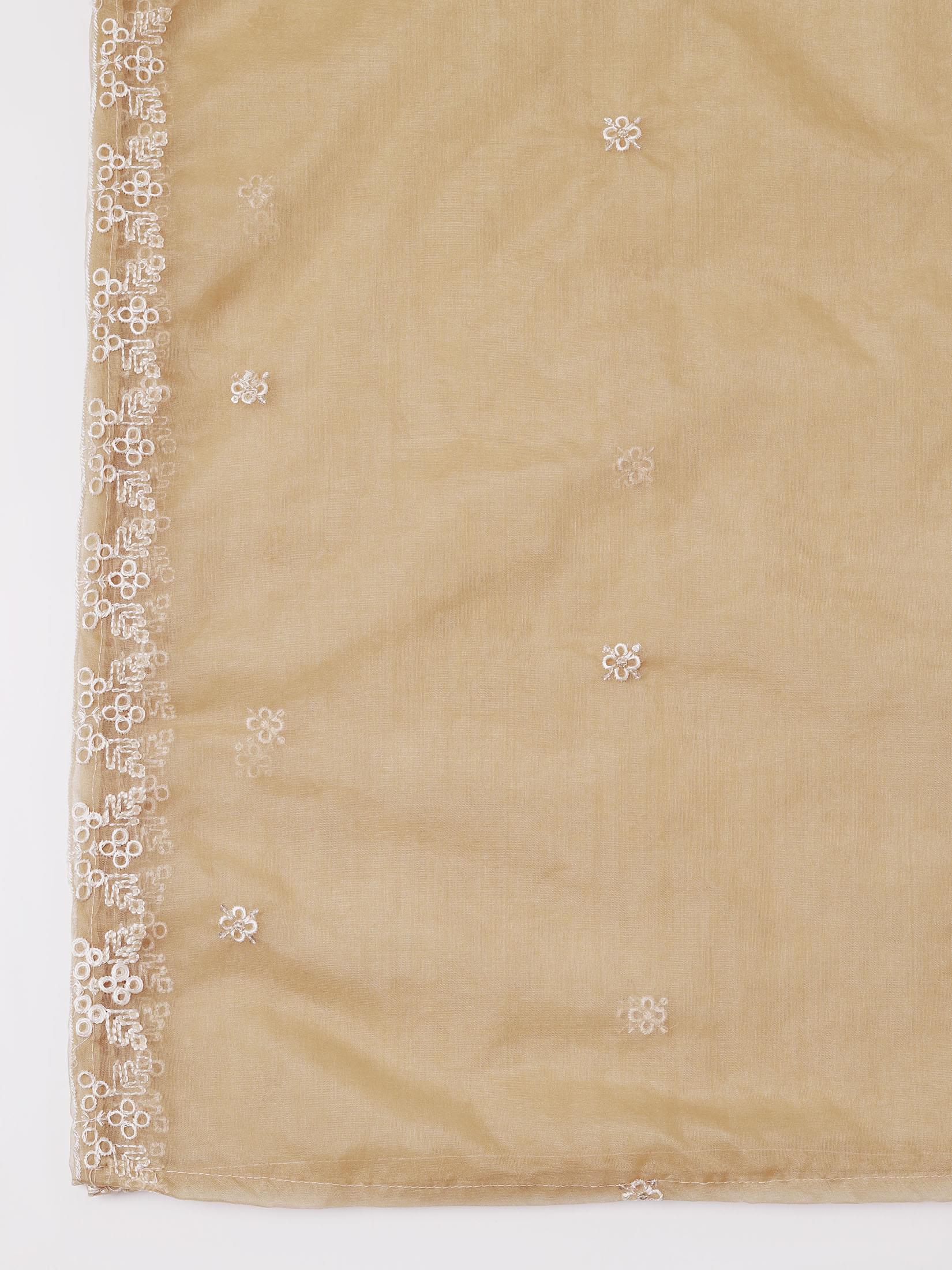 Women Organza Mustard Embroidered Kurta Comfort Pant Dupatta.