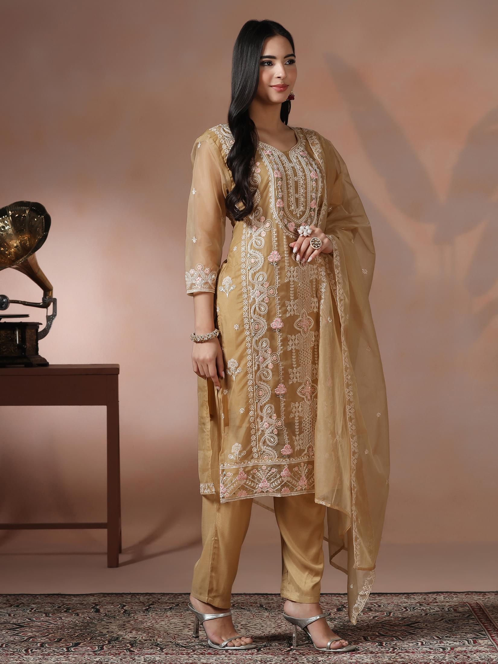 Women Organza Mustard Embroidered Kurta Comfort Pant Dupatta.