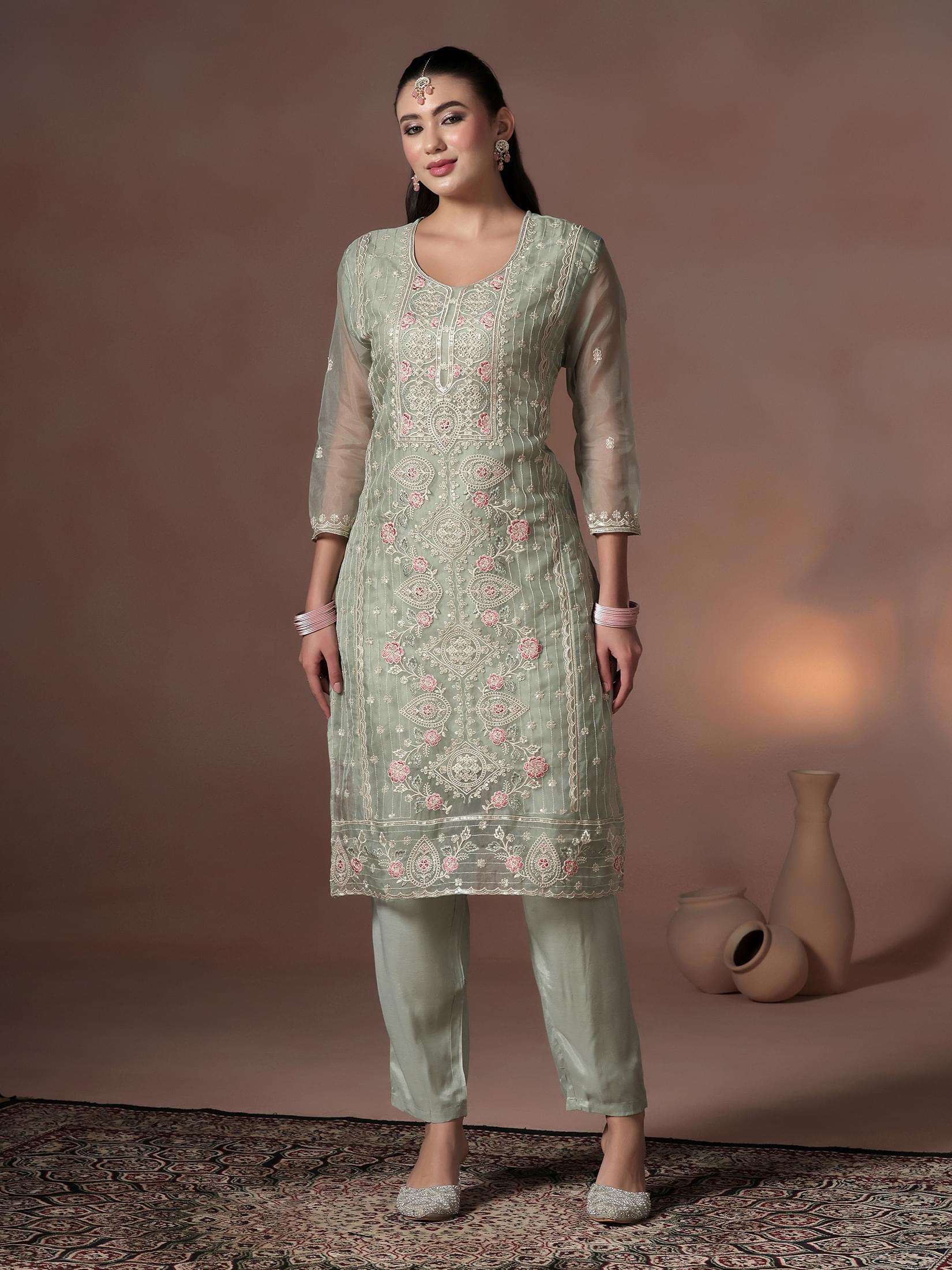 Women Organza Grey Embroidered Kurta Comfort Pant With Dupatta.