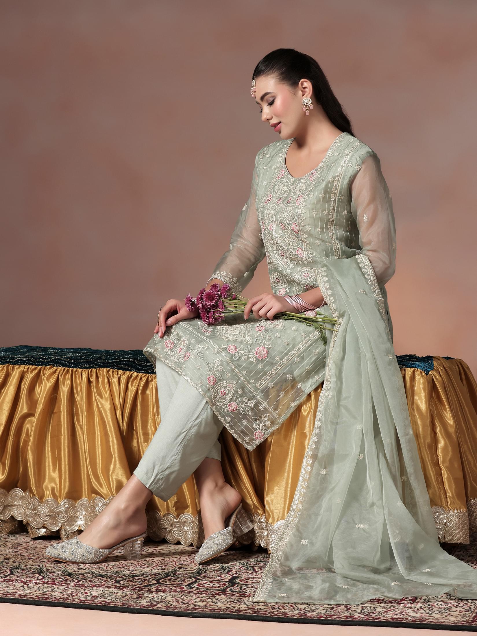 Women Organza Grey Embroidered Kurta Comfort Pant With Dupatta.