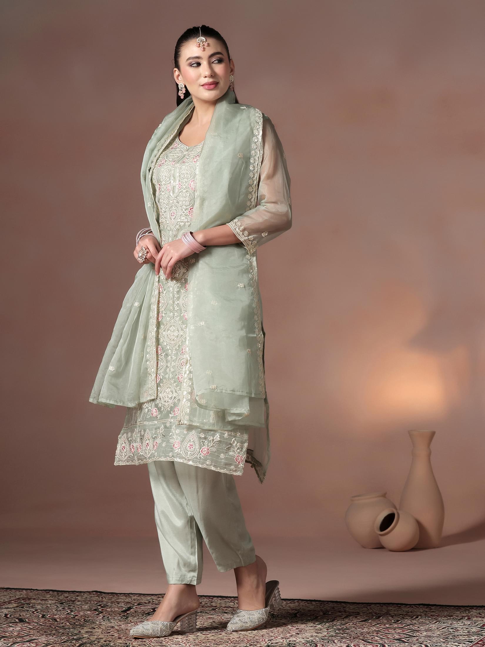 Women Organza Grey Embroidered Kurta Comfort Pant With Dupatta.