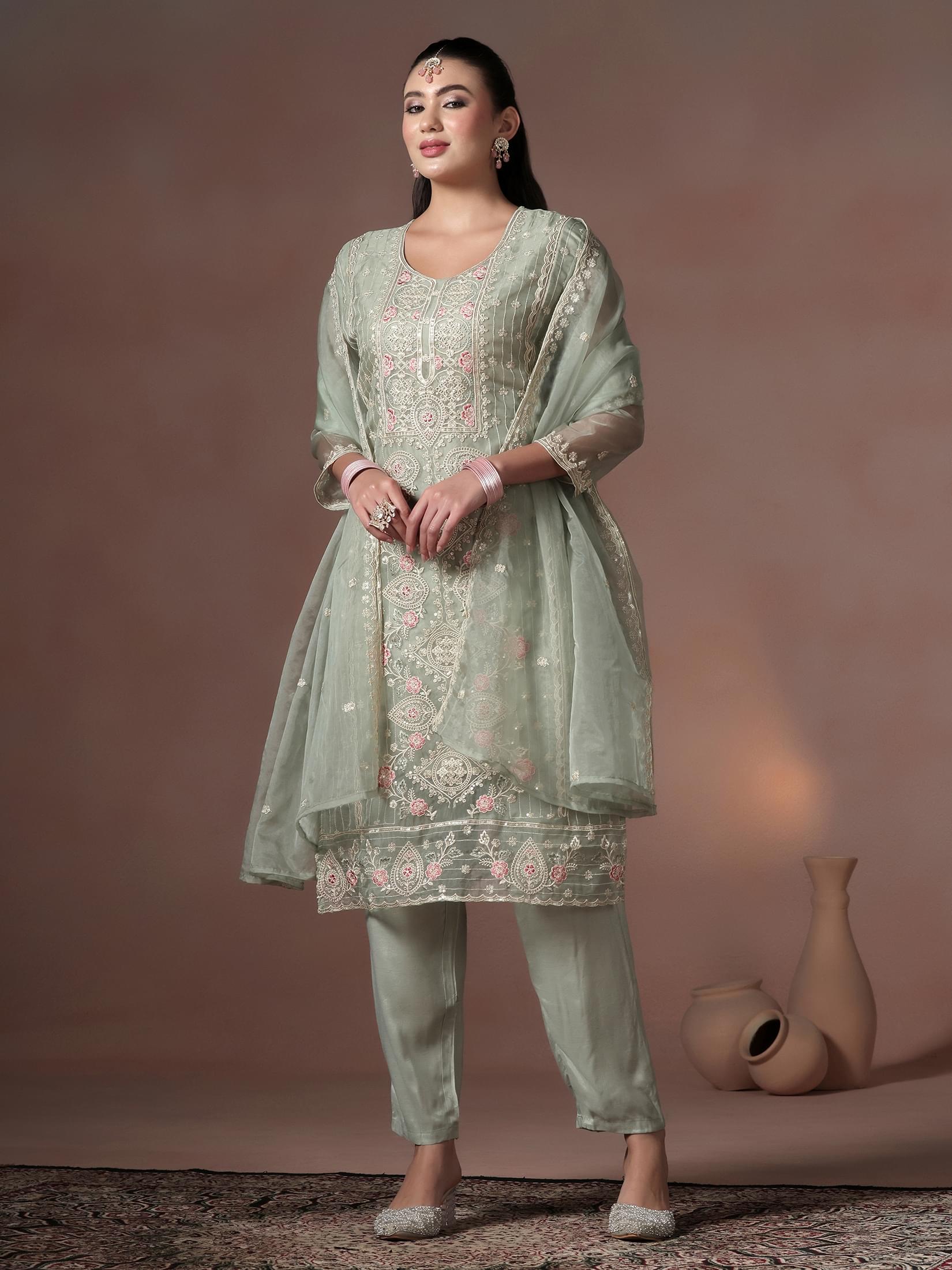 Women Organza Grey Embroidered Kurta Comfort Pant With Dupatta.