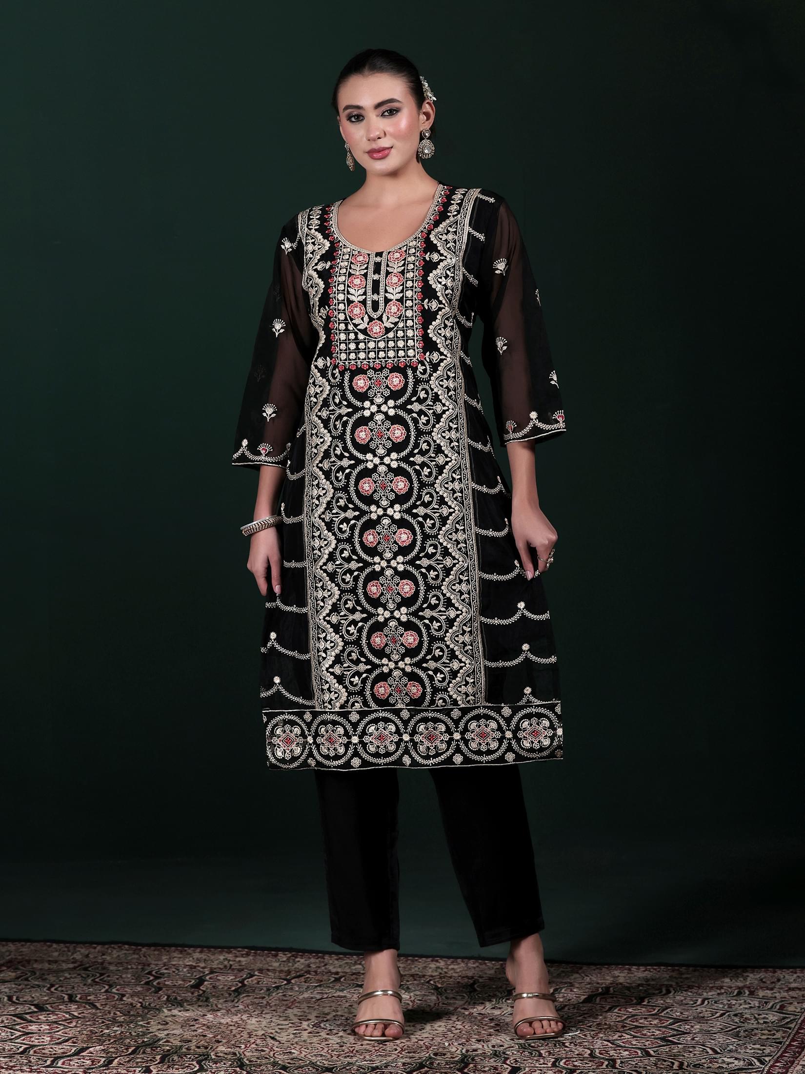Women Organza Black Embroidered Kurta Comfort Pant Dupatta.