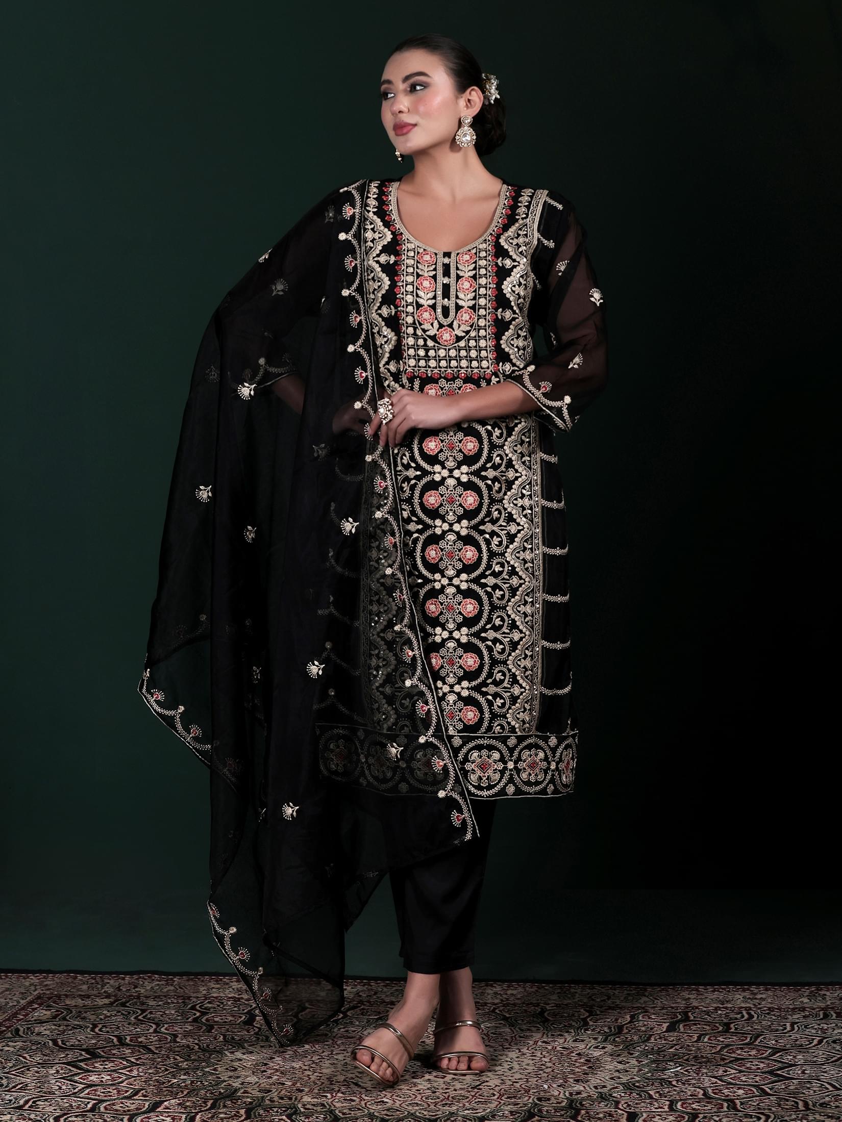 Women Organza Black Embroidered Kurta Comfort Pant Dupatta.