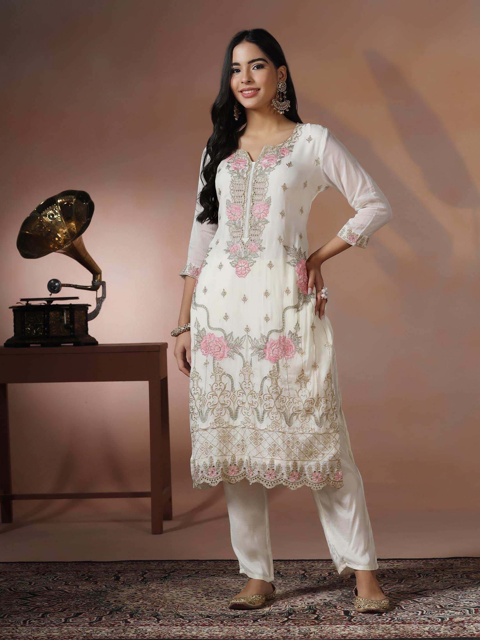 Women Viscose Organza White Embroidered Kurta Comfort Pant Dupatta.