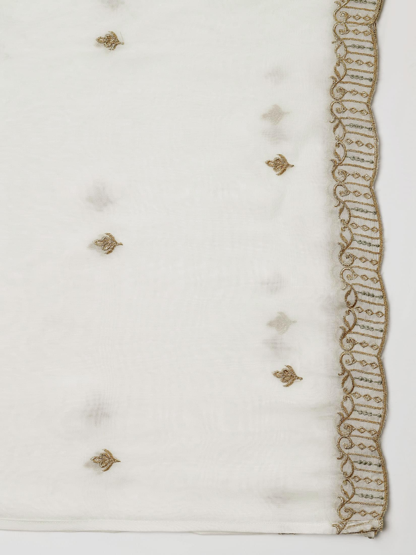 Women Viscose Organza White Embroidered Kurta Comfort Pant Dupatta.