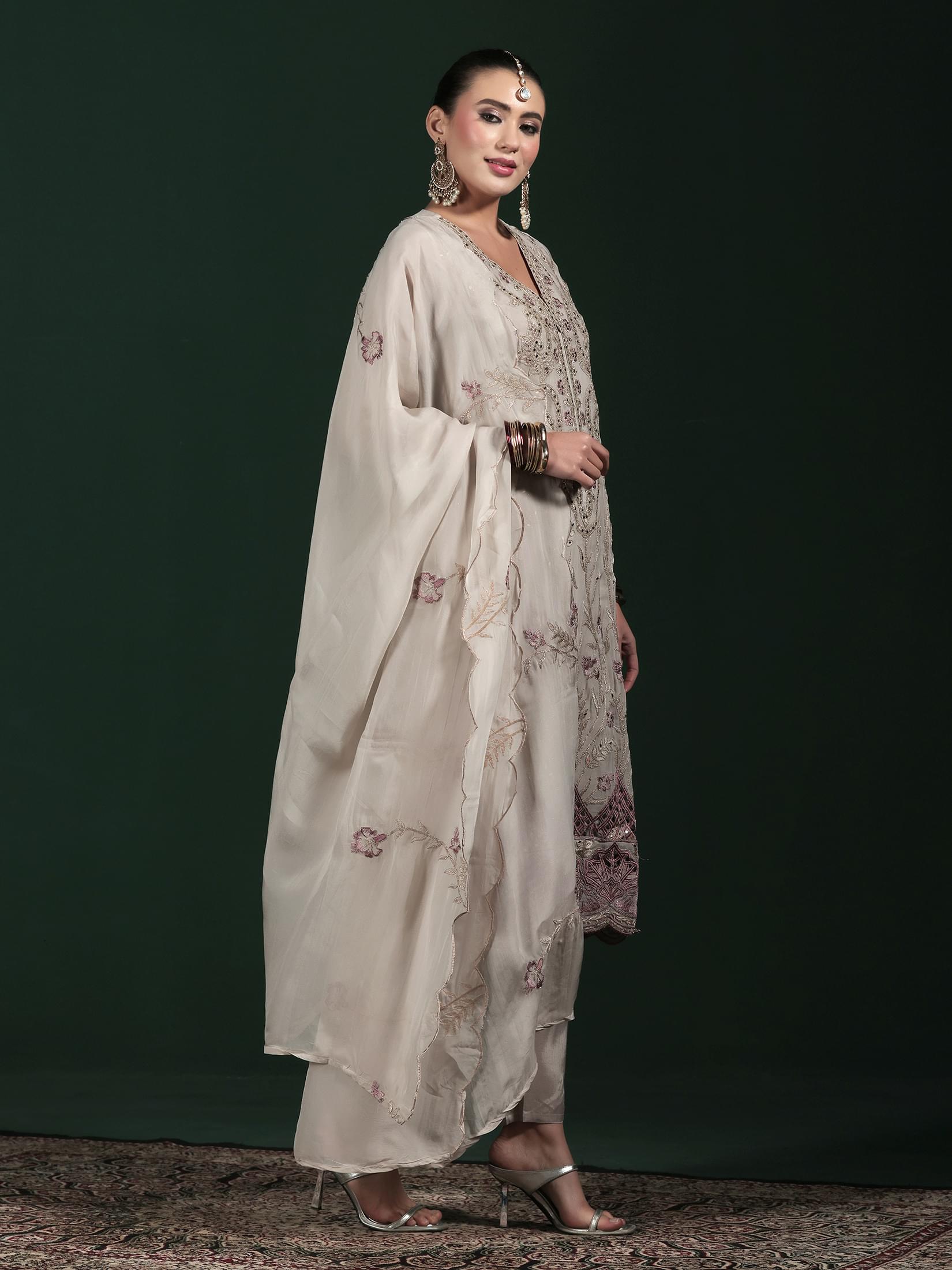 Women Organza Grey Embroidered Kurta Comfort Pant Dupatta.