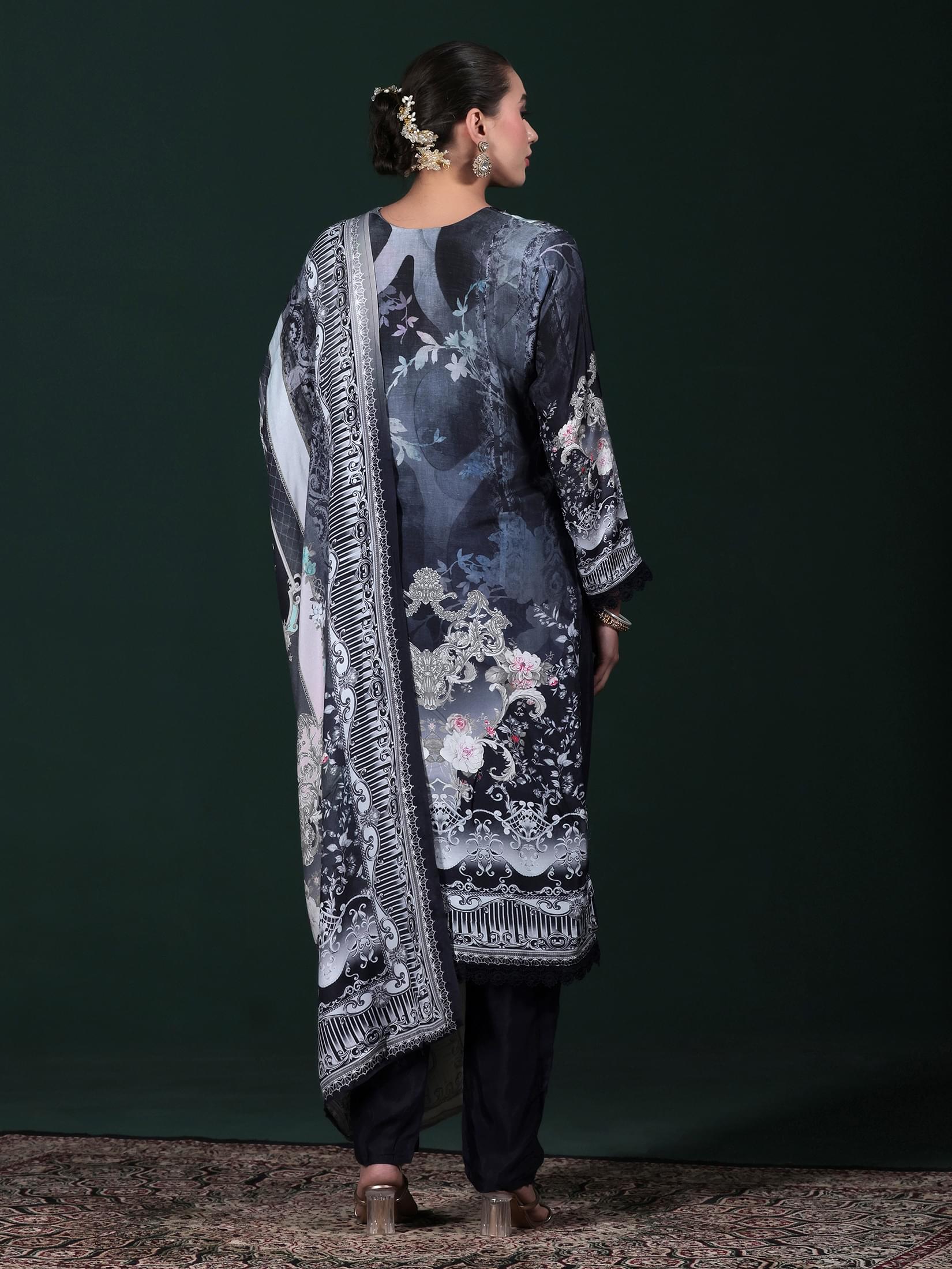 Women Viscose Muslin Blue Printed Kurta Comfort Pant Dupatta.