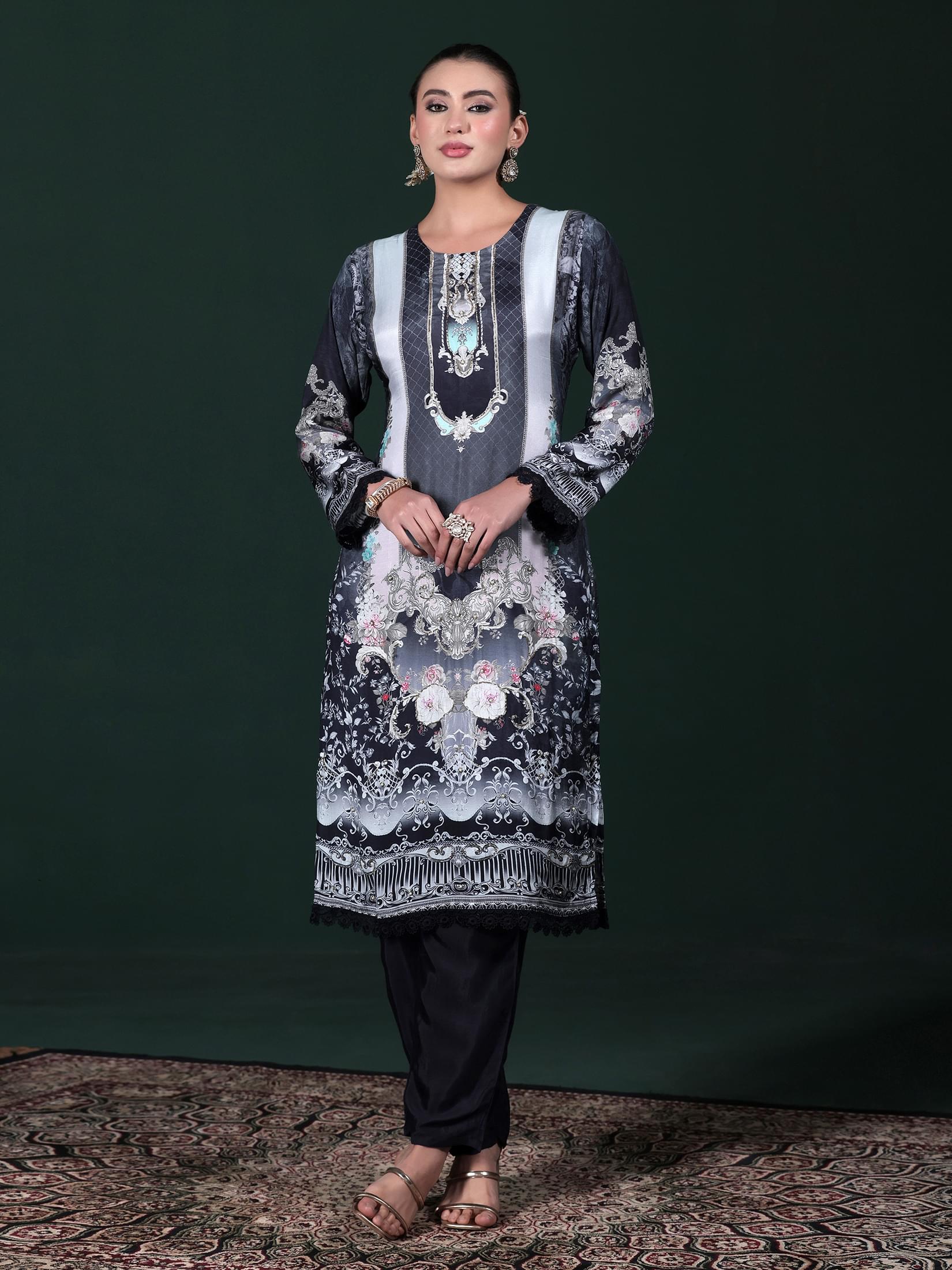 Women Viscose Muslin Blue Printed Kurta Comfort Pant Dupatta.