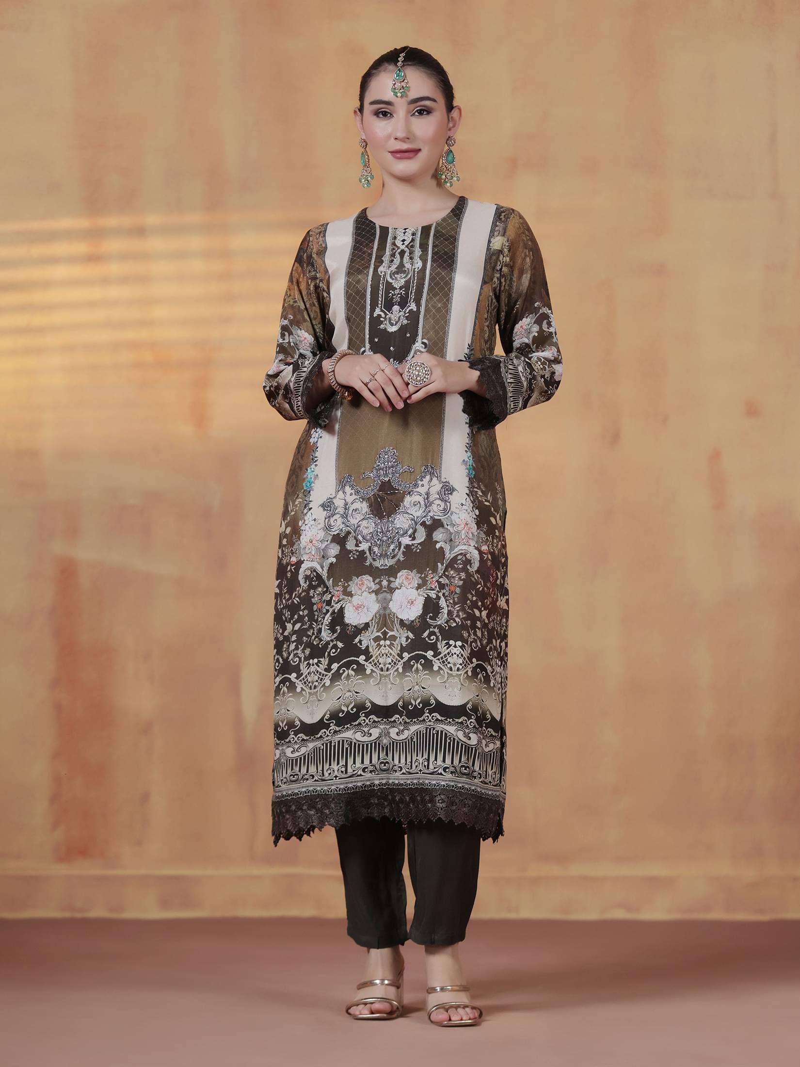Women Viscose Muslin Olive Printed Kurta Comfort Pant Dupatta.