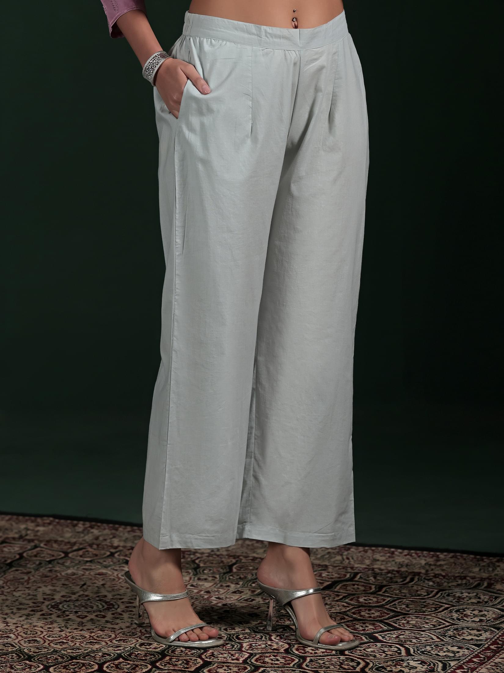 Women Cotton Grey Embroidered Kurta Comfort Pant Dupatta.