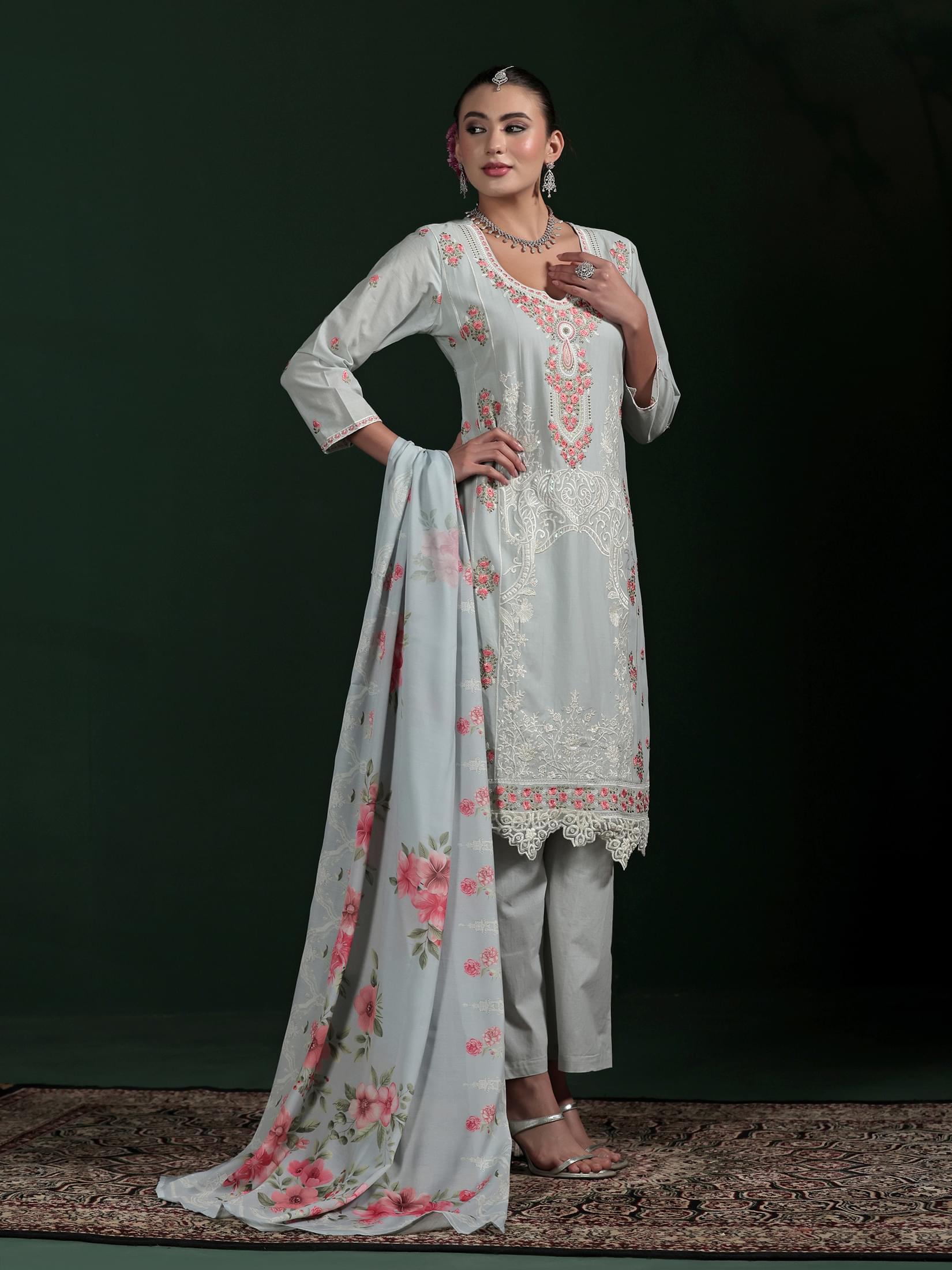 Women Cotton Grey Embroidered Kurta Comfort Pant Dupatta.